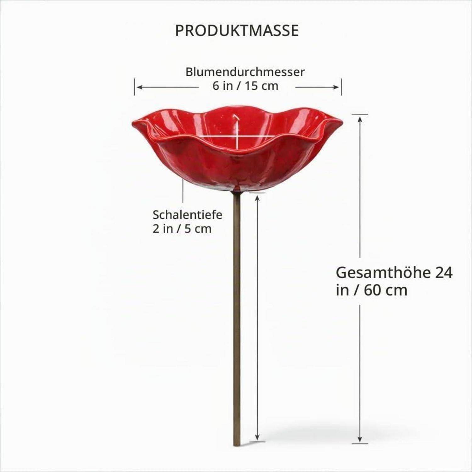 Produktabmessungsdiagramm eines roten blumenförmigen Gartenpfostens: Blumendurchmesser 6 Zoll/15 cm, Schüsseltiefen 2 Zoll/5 cm, Gesamthöhe 24 Zoll/60 cm.