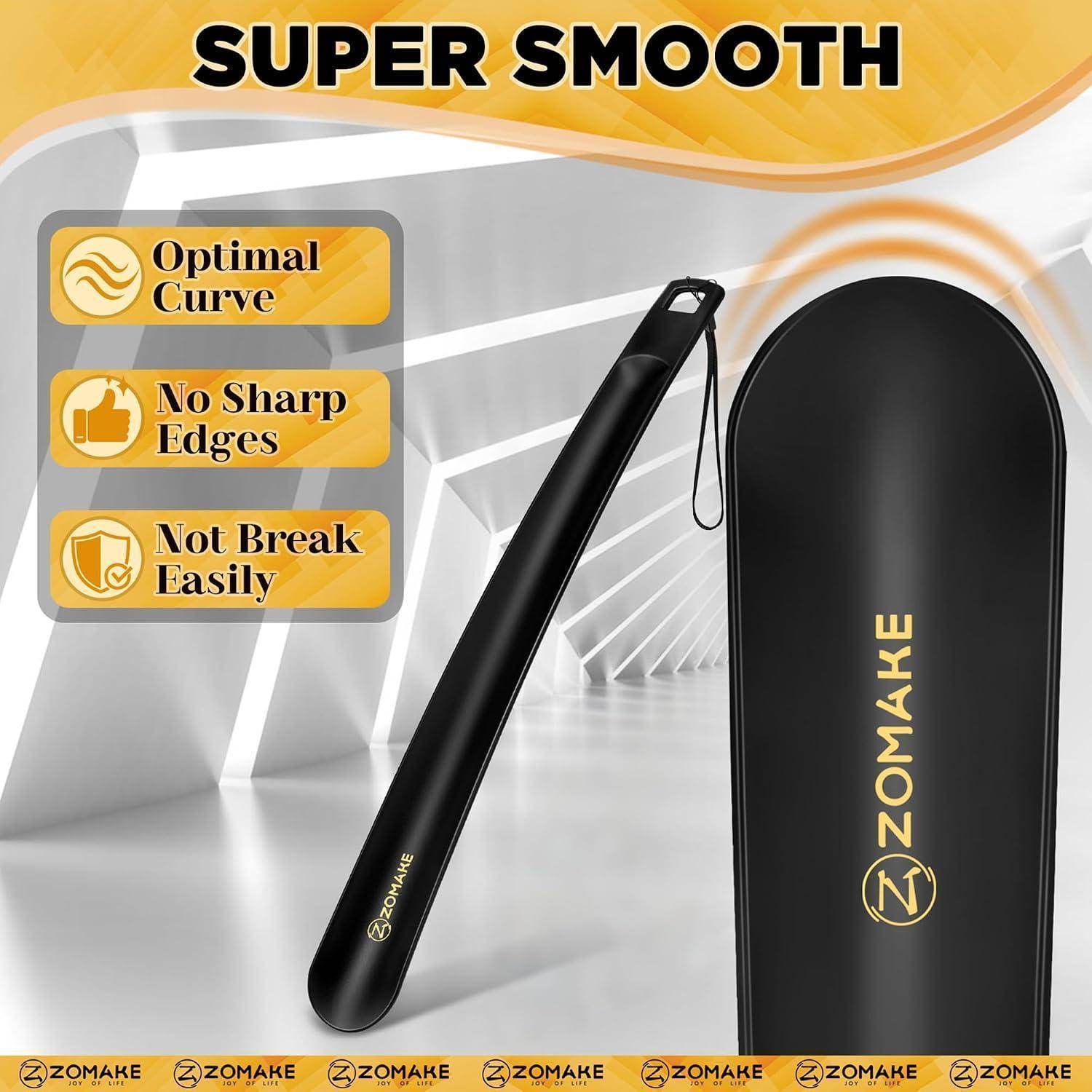 Werbebild eines schwarzen ZOMAKE-Regenschirms mit der Überschrift „SUPER SMOOTH" und folgenden Aussagen: optimale Kurve, keine scharfen Kanten, bricht nicht leicht.