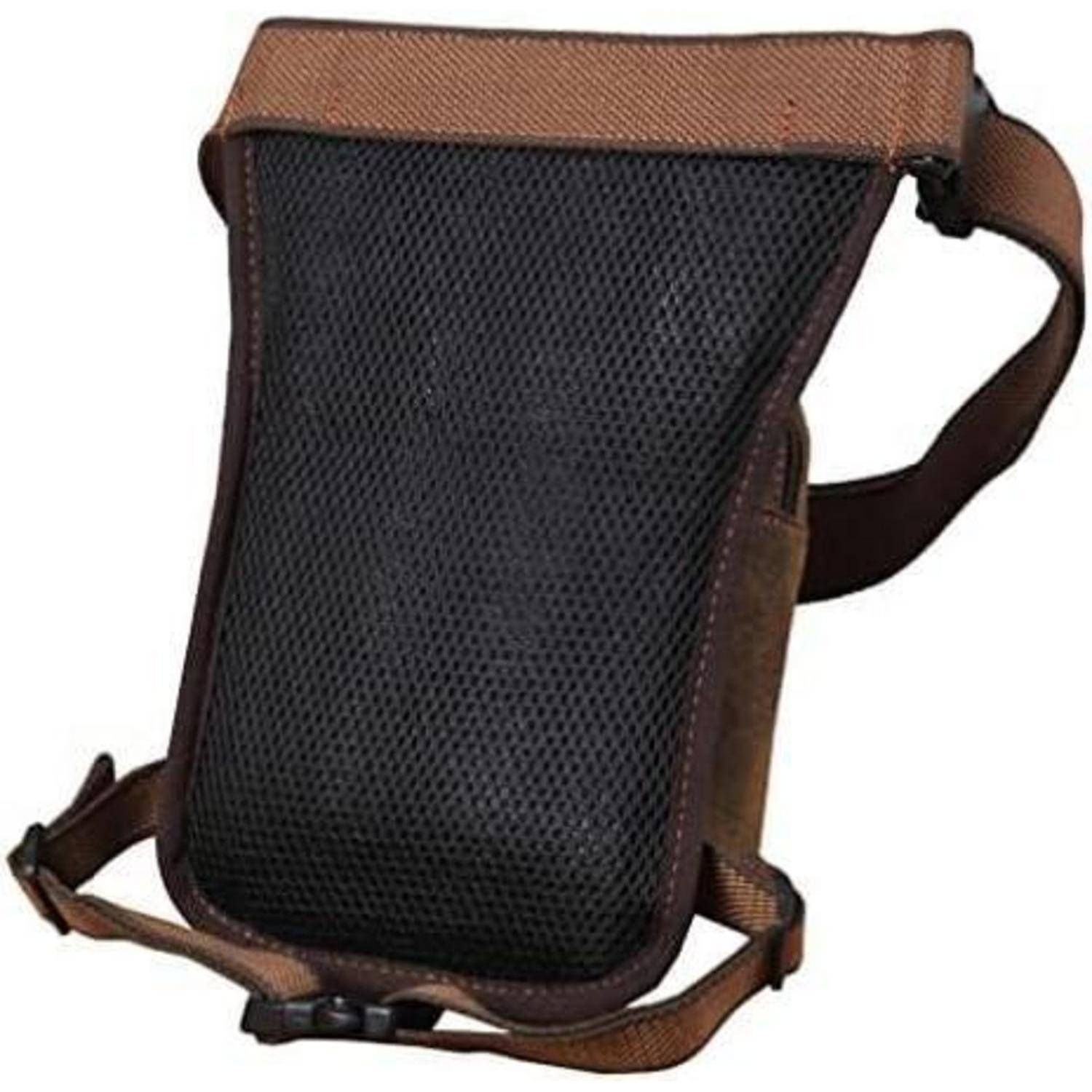 Schwarze Netz-Taktiktasche für das Bein mit braunen Riemen und Schnallen, dargestellt auf weißem Hintergrund.