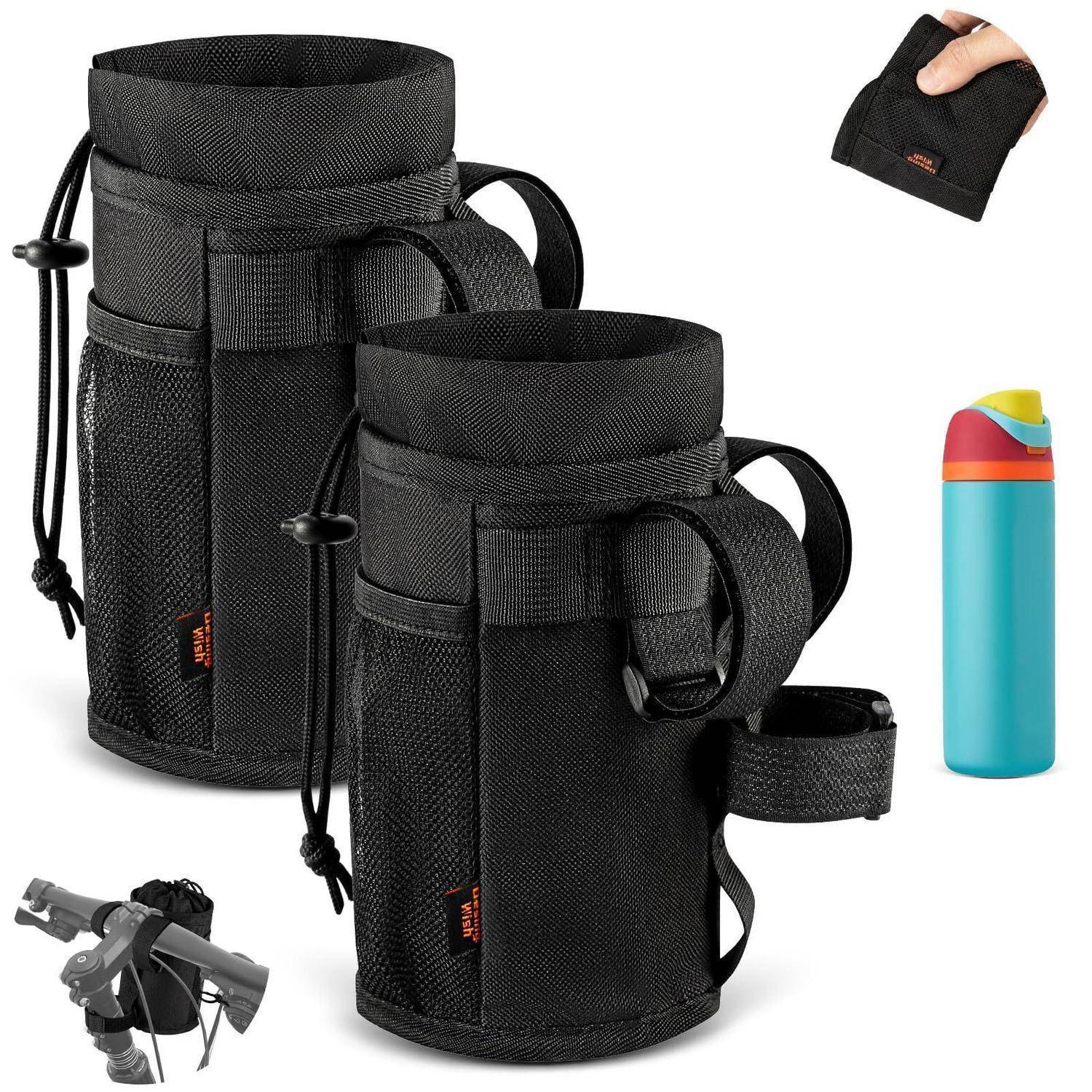Schwarze isolierte Flaschenhalter und Becherhalter mit Riemen, plus faltbare und dosenstilgerechte Einsätze, dargestellt als tragbares Tragesets.