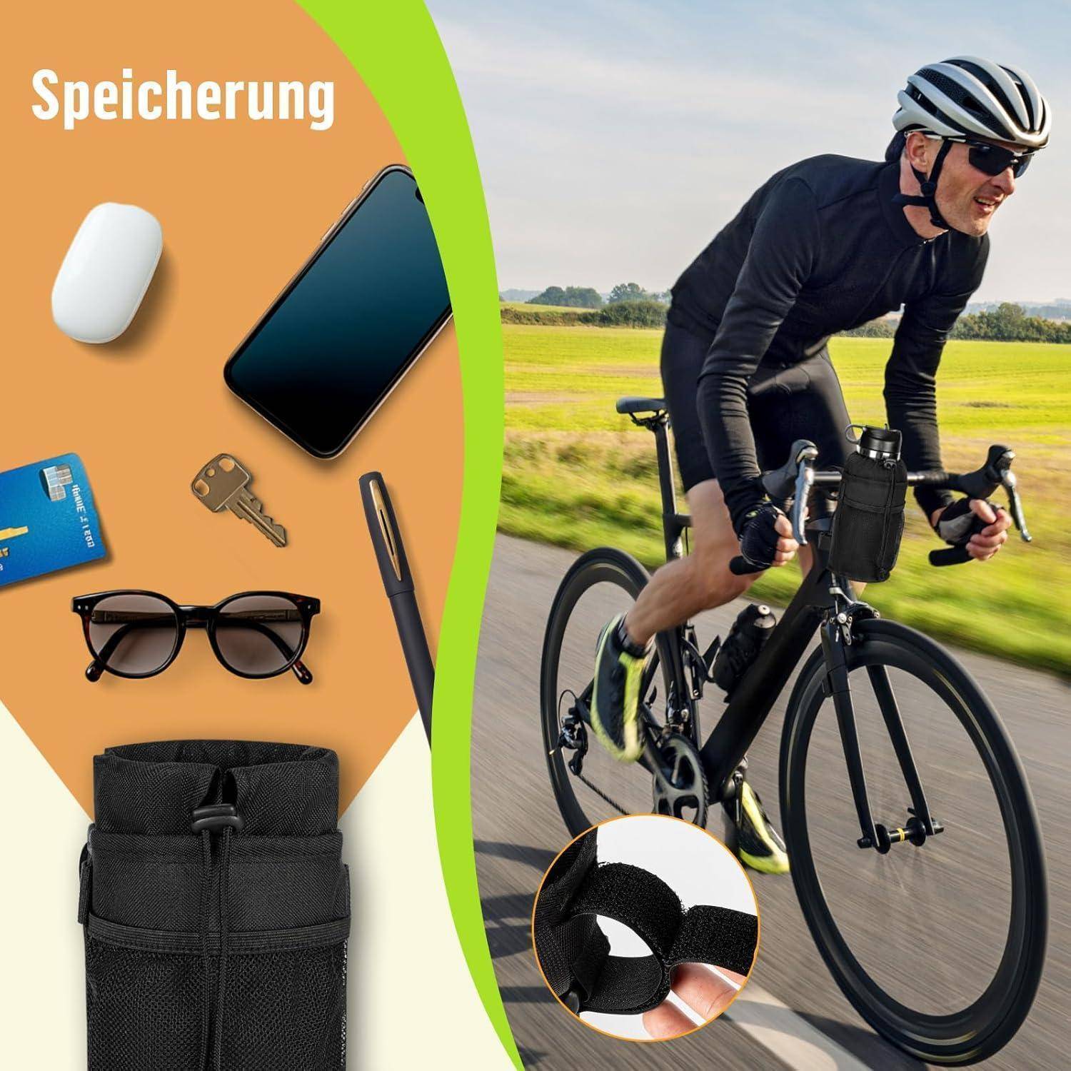 Radfahrer auf einem Rennrad; die linke Seite zeigt „Speicherung