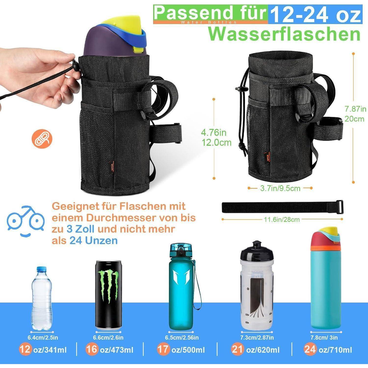# Produktgrafik mit Darstellung eines schwarzen isolierten Flaschenträgers für 12-24 oz Wasserflaschen, mit Riemen, Abmessungen und Beispielflaschen, in die er passt.