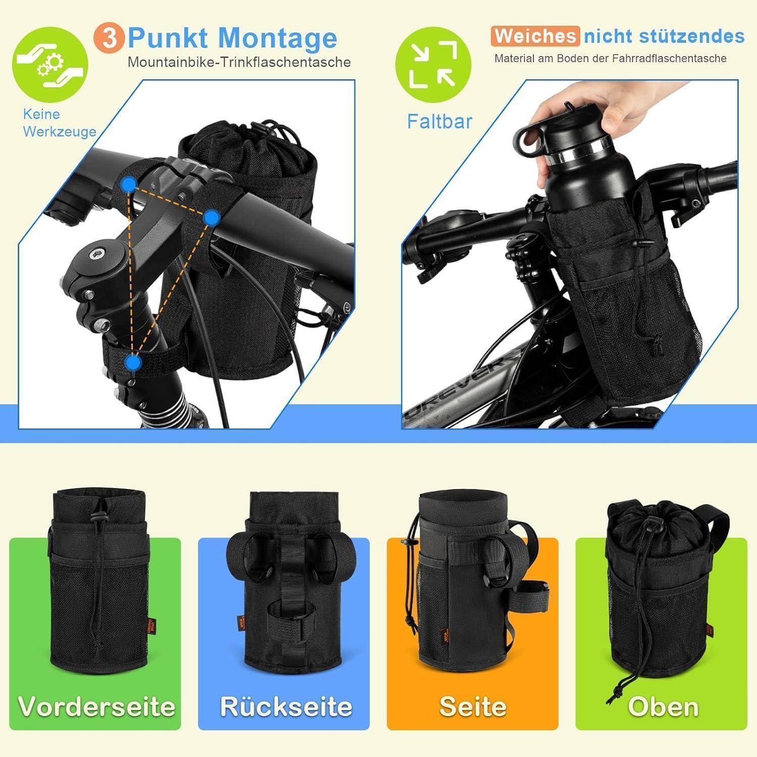 Schwarze Mountainbike-Lenker-Flaschenhaltertasche, montiert auf Lenker und Oberrohr, mit deutschen Beschriftungen für Vorder-, Rück-, Seiten- und Draufsicht sowie '3-Punkt-Befestigung' Merkmale.