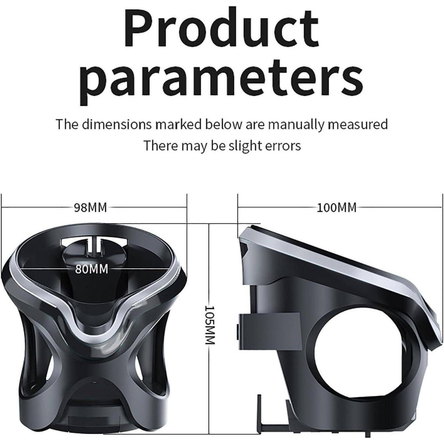 Produktparameter-Diagramm mit einer schwarzen Getränkehalterung von vorne und seitlich dargestellt, mit den Abmessungen 98 mm breit, 100 mm tief, 105 mm hoch und 80 mm innere Öffnung.
