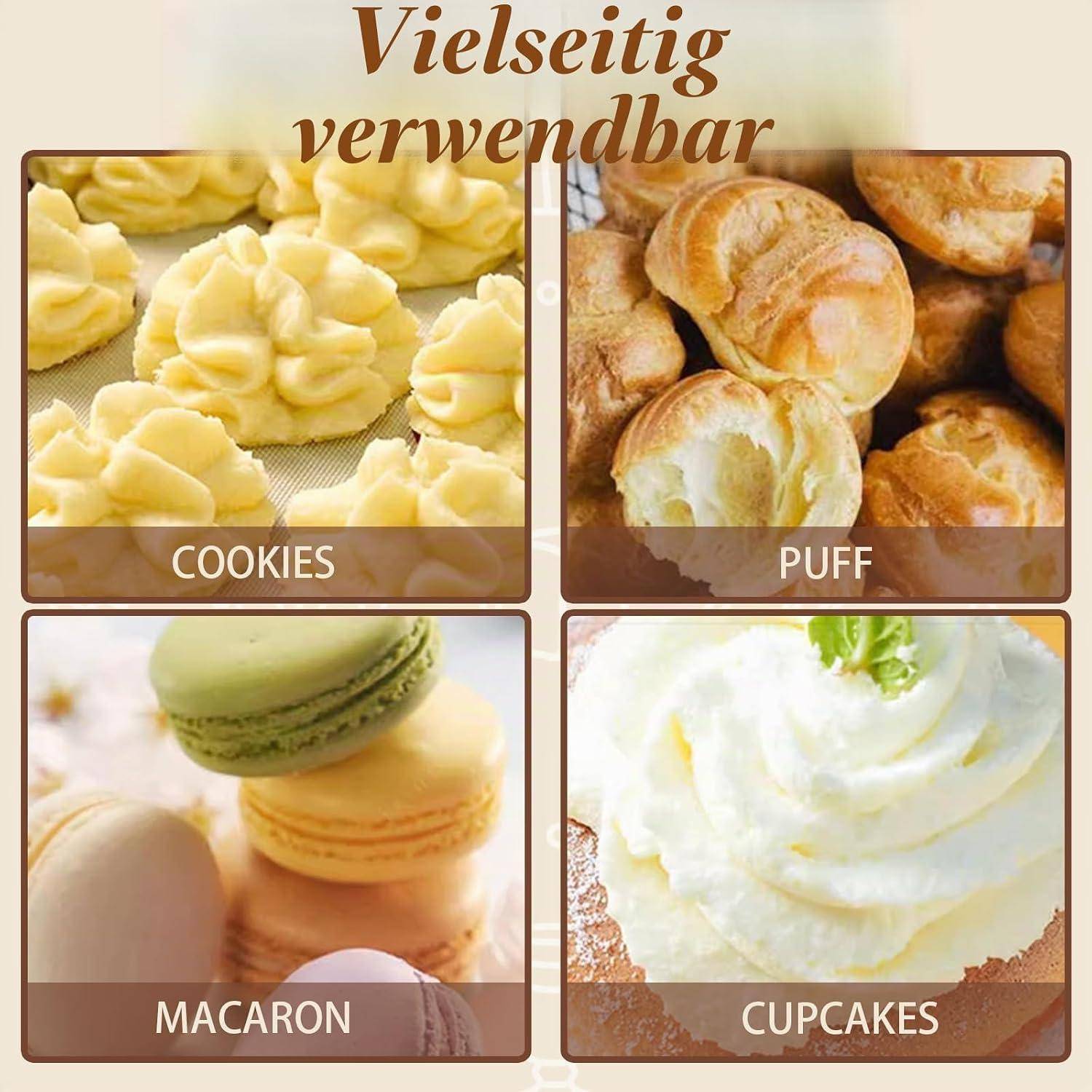 Eine vierteilige Backpromotion zeigt Kekse, Blätterteiggebäck, Makronen und Cupcakes unter dem deutschen Titel „Vielseitig verwendbar