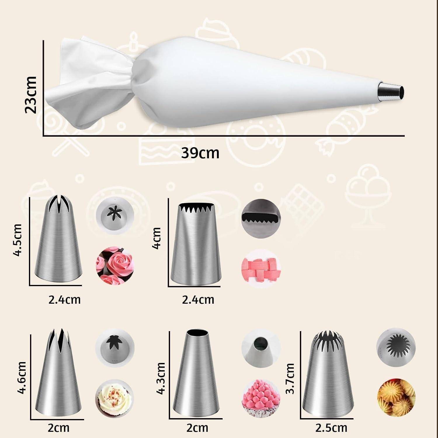Diagramm mit einer Spritzbeutel, 39 cm lang und 23 cm hoch, mit vier Metall-Spritztüllen und deren Düsenöffnungen, jeweils mit Maßen und Beispielen für Zuckergussmuster beschriftet.