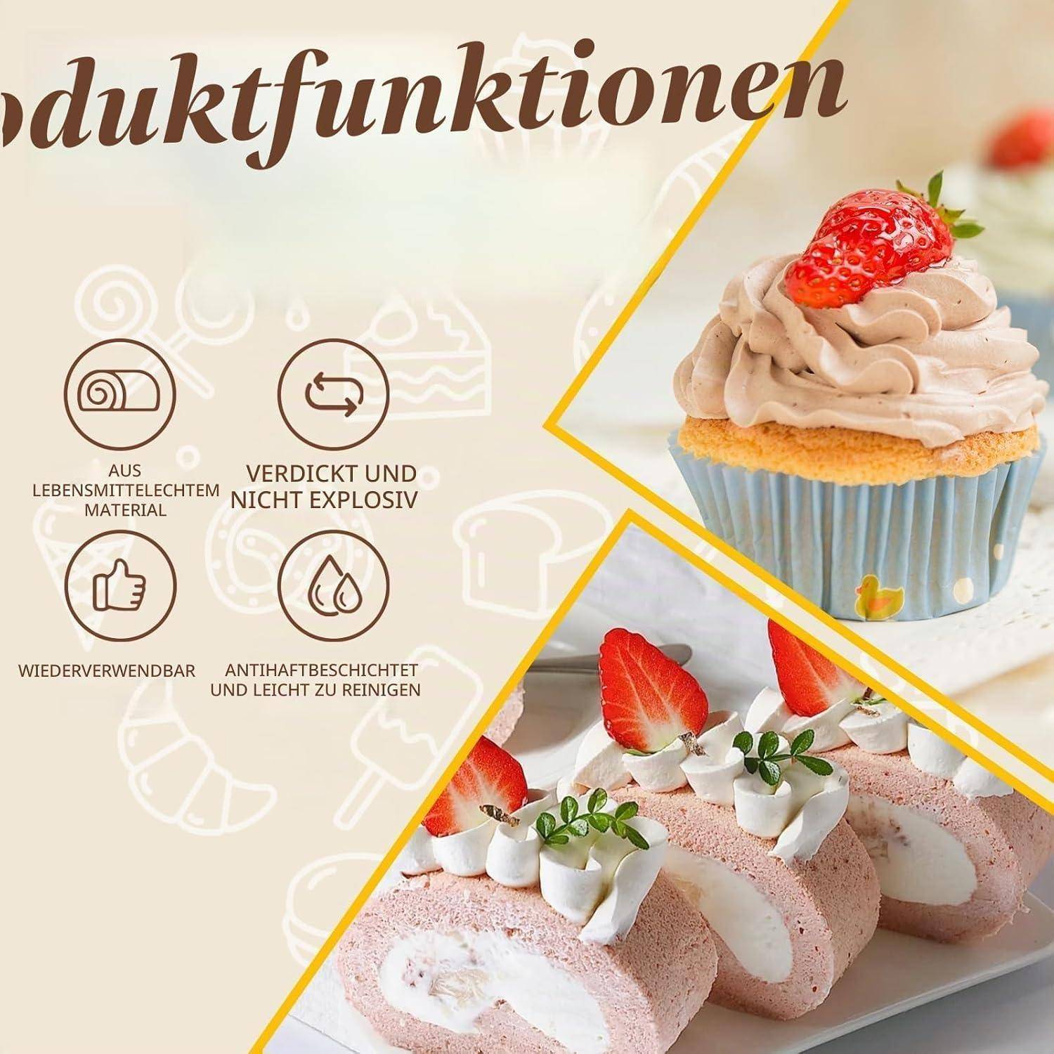 Werbegrafik über Produktmerkmale, die einen Cupcake und eine Kuchenrolle mit Symbolen für lebensmittelsicheres Material, auslaufsicher, wiederverwendbar und antihaftend/leicht zu reinigen zeigt.