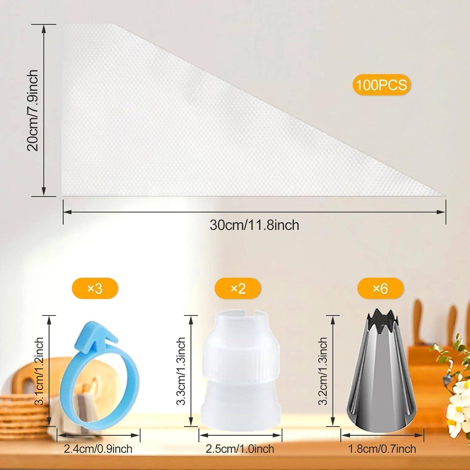 Produktabmessungen und Inhaltsdiagramm: Ein dreieckiges Backpapierblatt mit den Maßen 30 cm mal 20 cm, gekennzeichnet mit „100 Stück