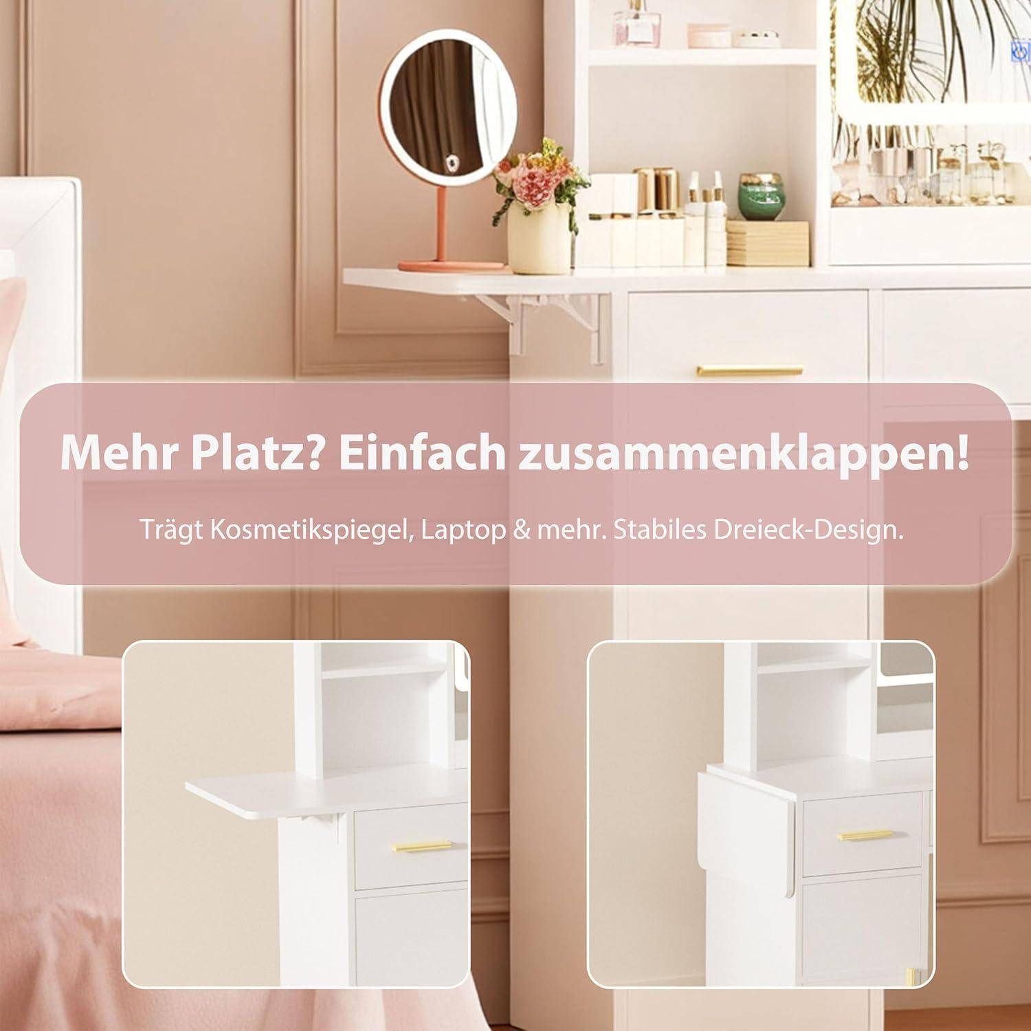 Klappbarer weißer Frisiertisch mit Spiegel und Stauraum; Deutscher Text besagt „Mehr Platz? Einfach zusammenklappen!