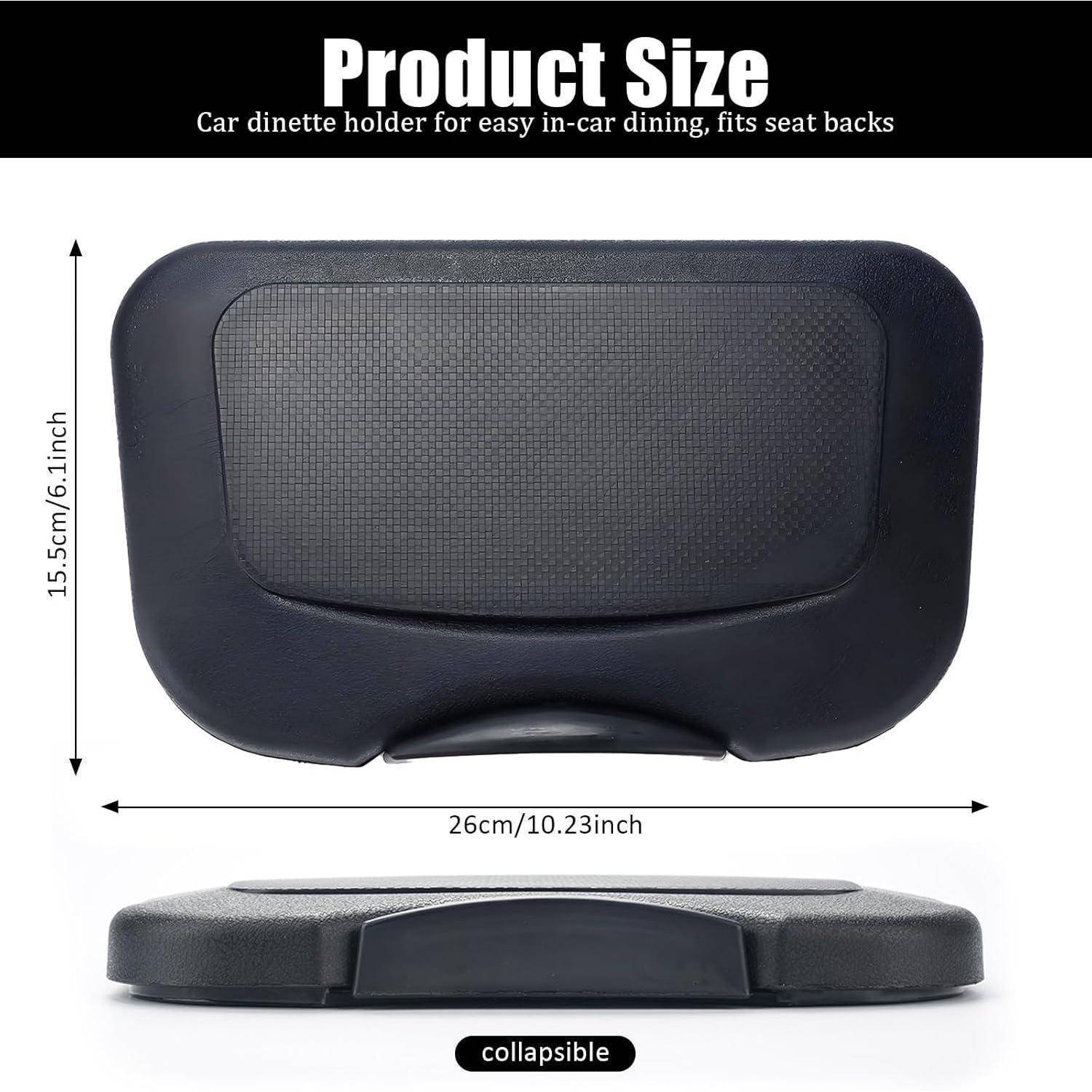 Größentabelle für einen Auto-Esstischhalter: Front- und Seitenansichten zeigen, dass er 26 cm breit und 15,5 cm hoch ist, mit einem zusammenklappbaren Design.