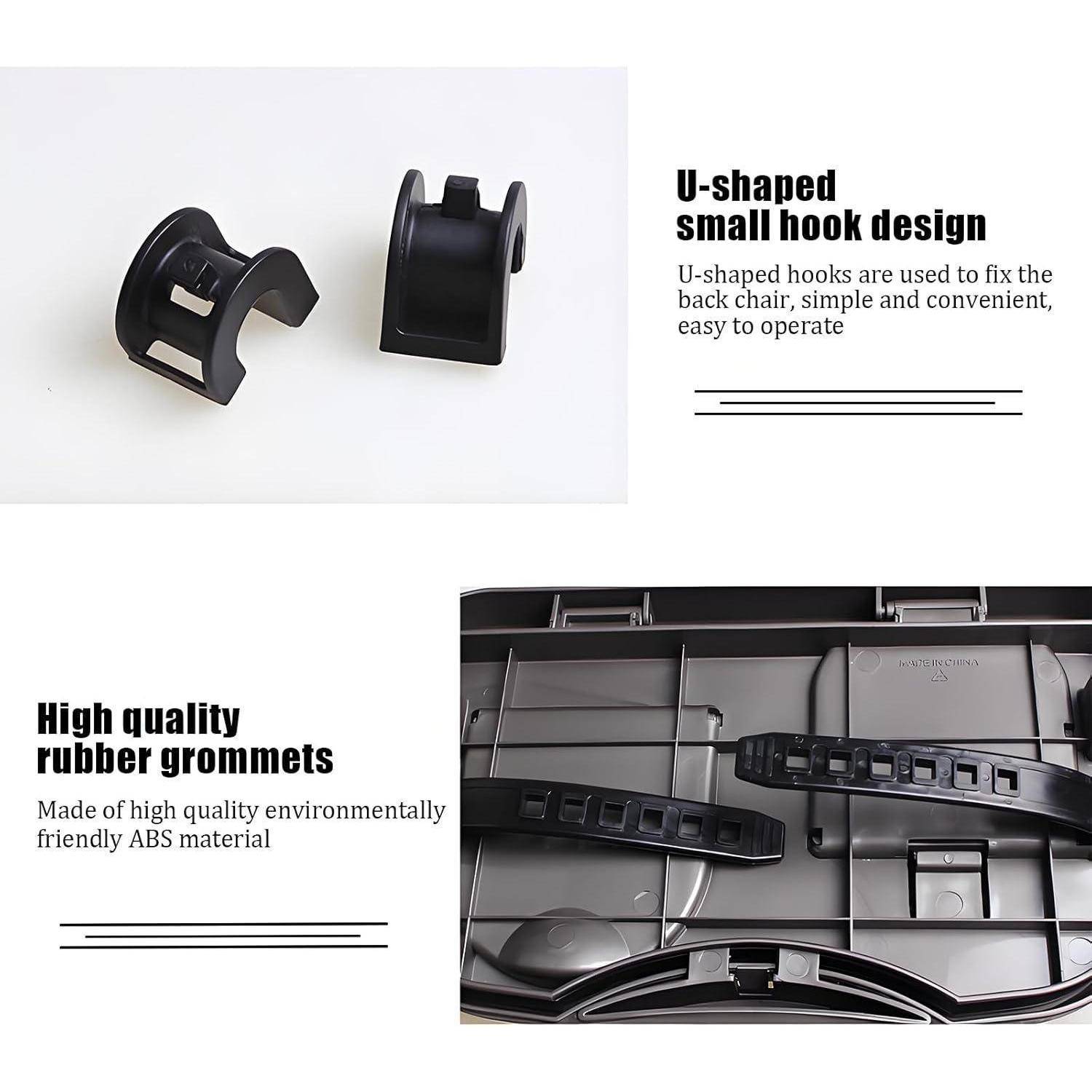 Produktgrafik zeigt U-förmige kleine Haken zum Sichern einer Stuhllehne und hochwertige Gummidichtungen aus ABS-Material.