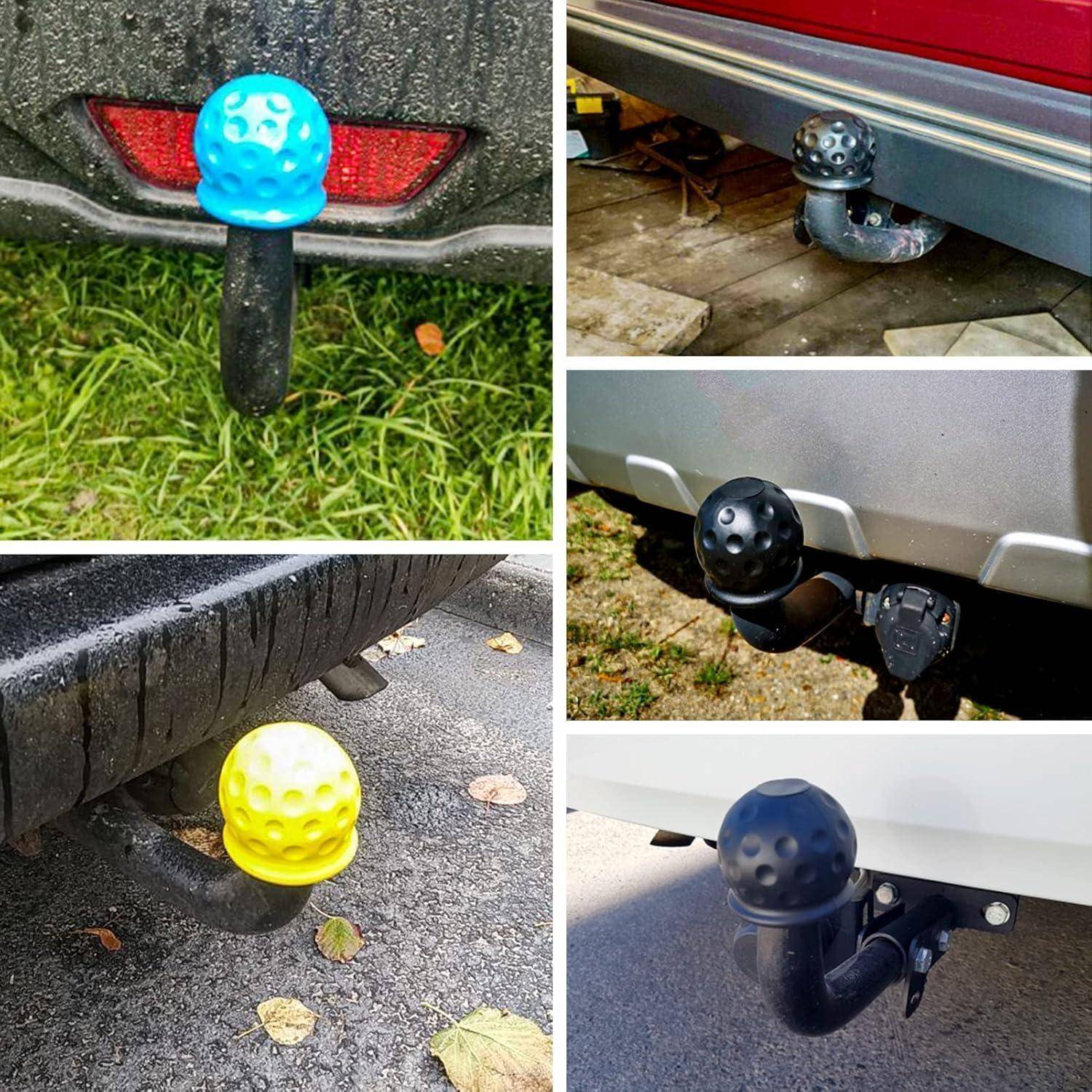 Collage aus bunten, golfballförmigen Anhängerkupplungsabdeckungen, die an Anhängerkupplungen von Autos befestigt sind, aus mehreren Blickwinkeln im Freien gezeigt.