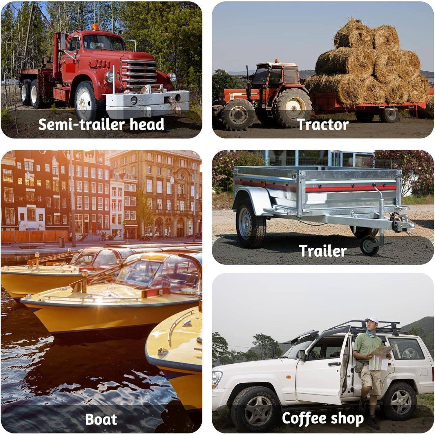 Collage von gekennzeichneten Transportbildern: Sattelzugmaschine, Traktor mit Heuladung, Boote, ein Anhänger und eine Kaffeestube neben einem SUV.