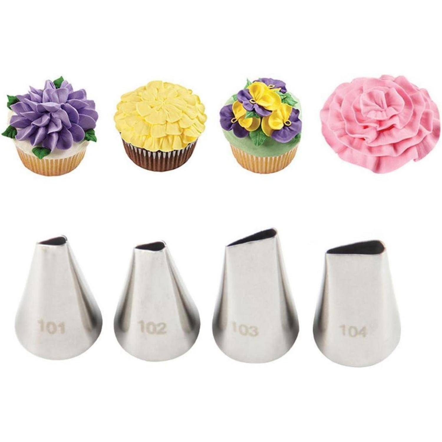 Kuchenverzierungs-Spritztüllen, dargestellt mit vier blumenartigen Cupcake-Designs oben und darunter beschrifteten Metalldüsen mit den Nummern 101, 102, 103 und 104.