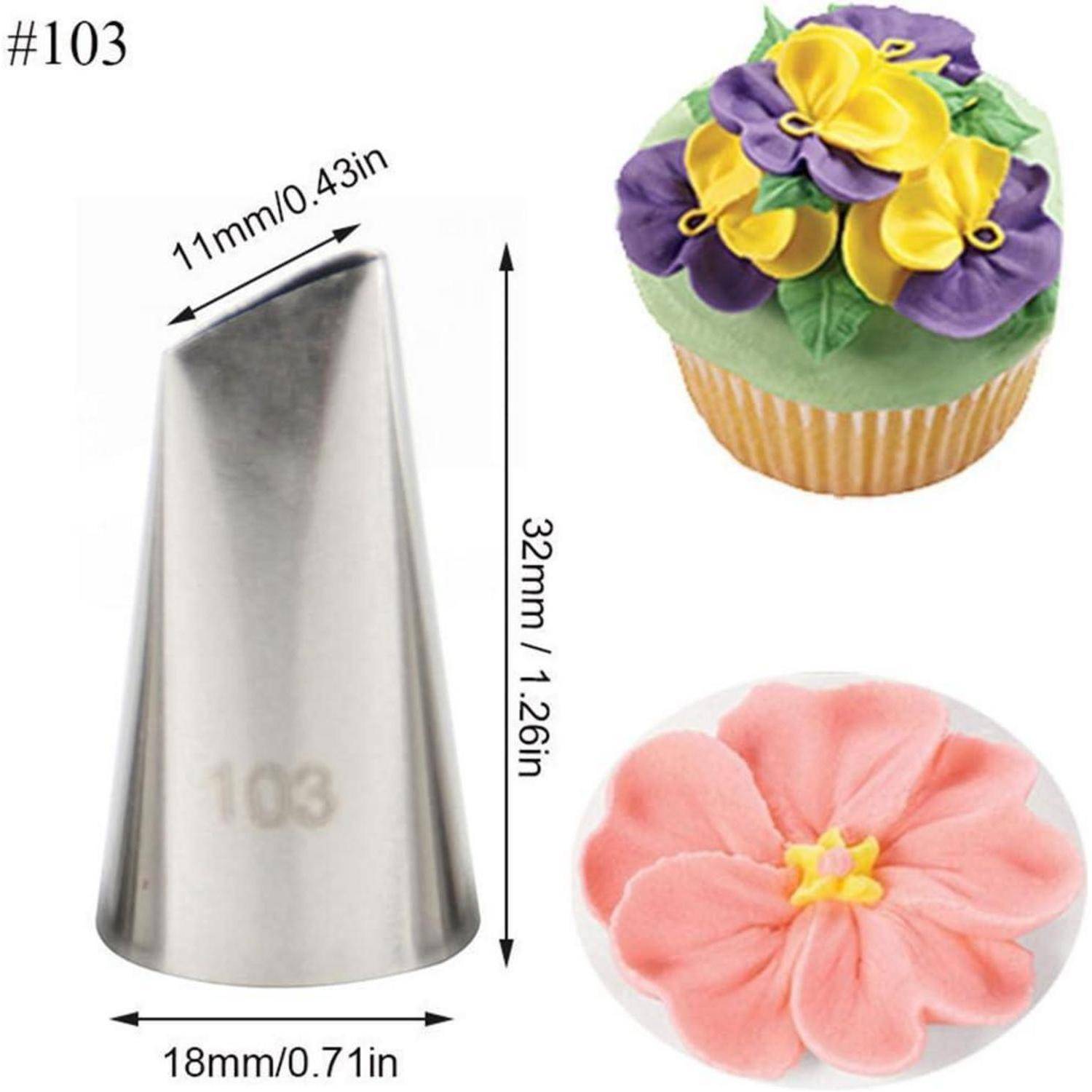 Bild einer #103 Metalldekorspritze mit Abmessungen 32 mm Höhe, 11 mm Öffnung, 18 mm Basis, neben Cupcakes gezeigt, die mit Blüten-Zuckerguss dekoriert sind.