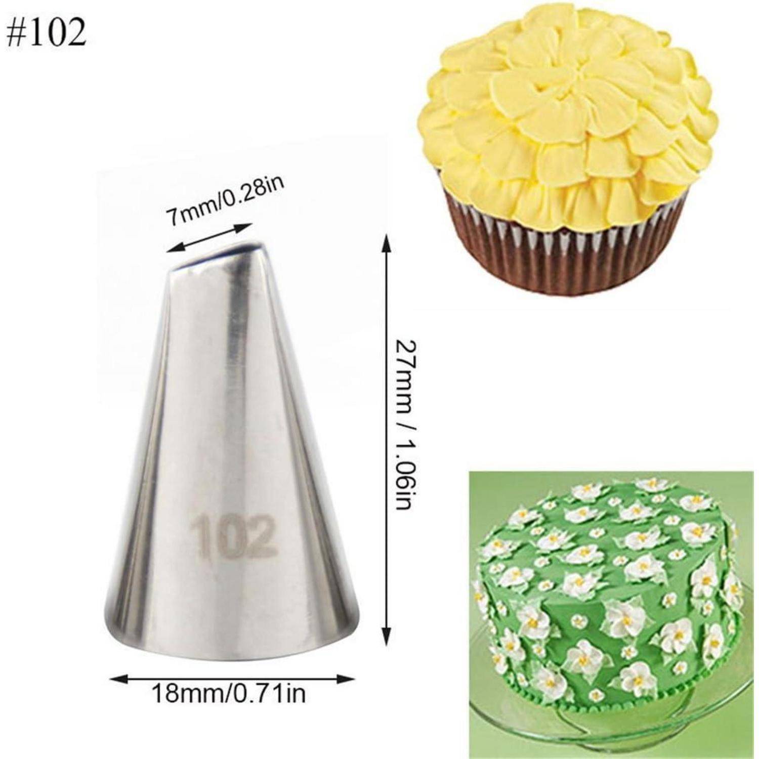 Kuchendekorierspritztülle #102, mit Abmessungen von 27 mm Höhe, 18 mm Breite, 7 mm Öffnung, plus Beispiele für Blumen- und Blütenblatt-Zuckergussprojekte.