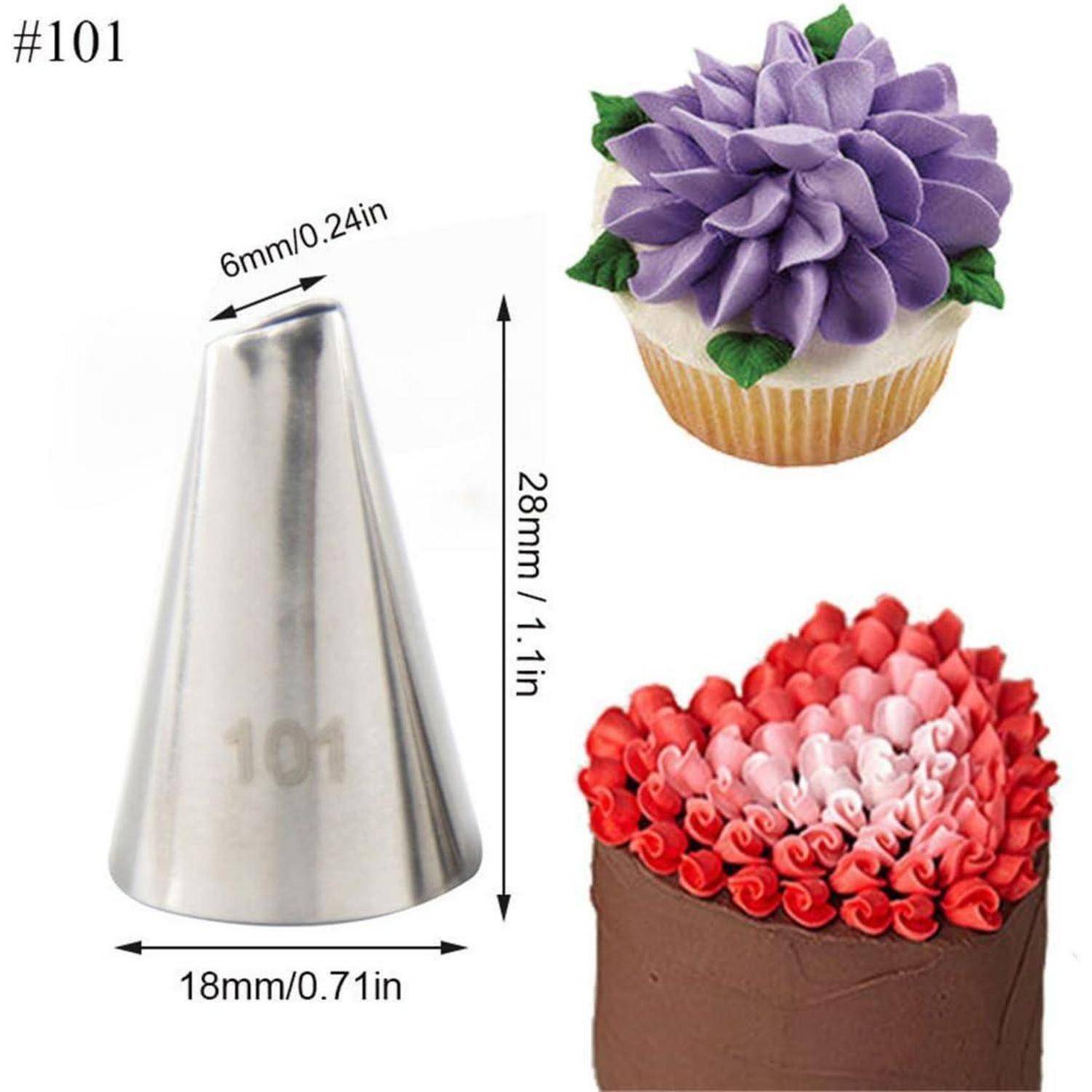 Bild einer #101 Spritztülle mit den Abmessungen 28 mm hoch, 18 mm breit und 6 mm Öffnung, plus Cupcake-Glasur-Beispiele in Lila und Rot.
