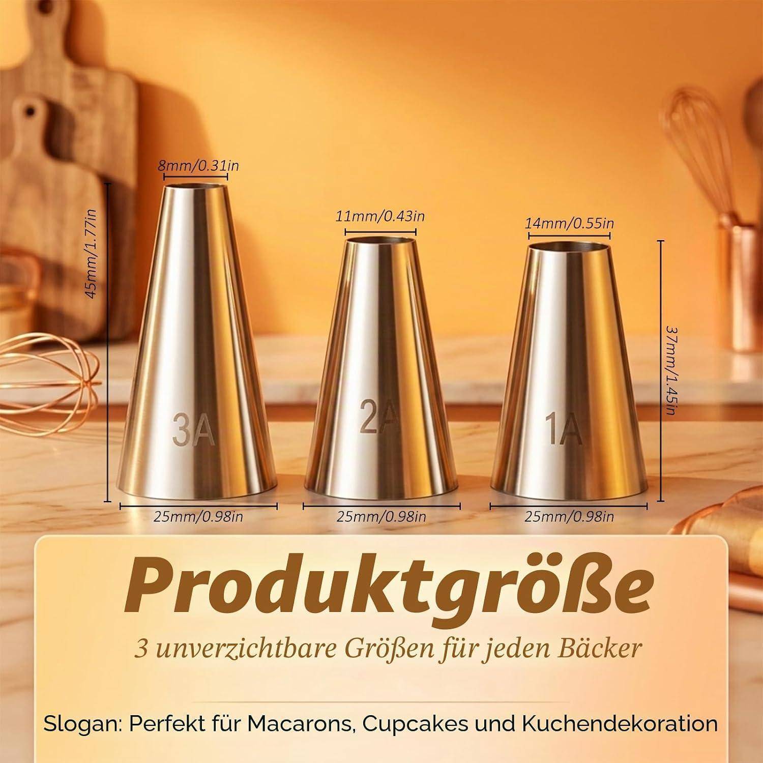 Drei Metall-Gebäckspritzdüsen mit den Bezeichnungen 1A, 2A und 3A mit Größenangaben, oben gezeigt. Darunter befindet sich deutscher Text, der diese zur Verwendung für Makronen, Cupcakes und Kuchendekoration bewirbt.