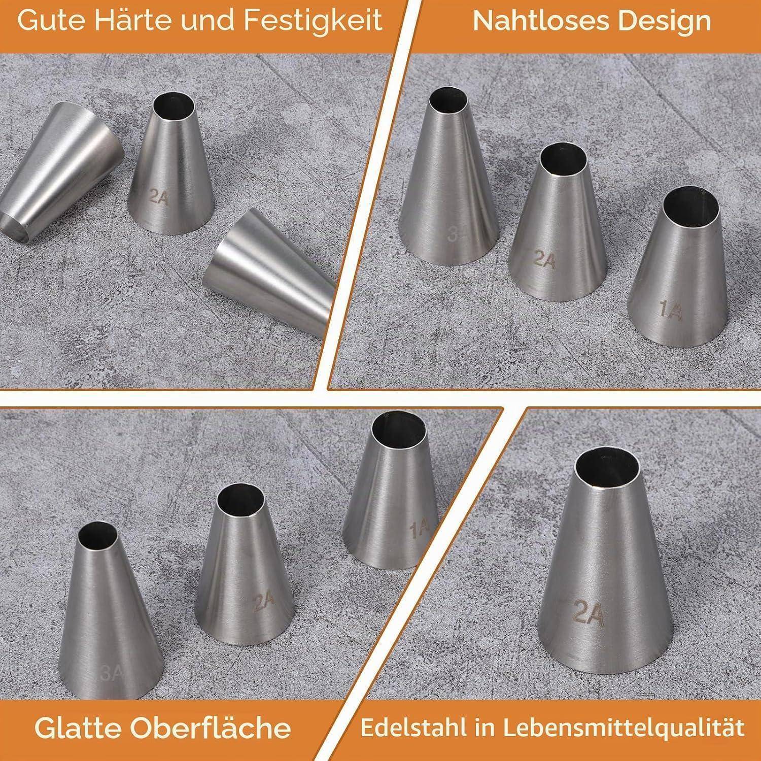 Werbekollage von edelstahlkegelförmigen Gebäckformen auf einer grauen Oberfläche, die robustes langlebiges Metall, nahtloses Design, glatte Oberfläche und Lebensmittelqualität hervorhebt.