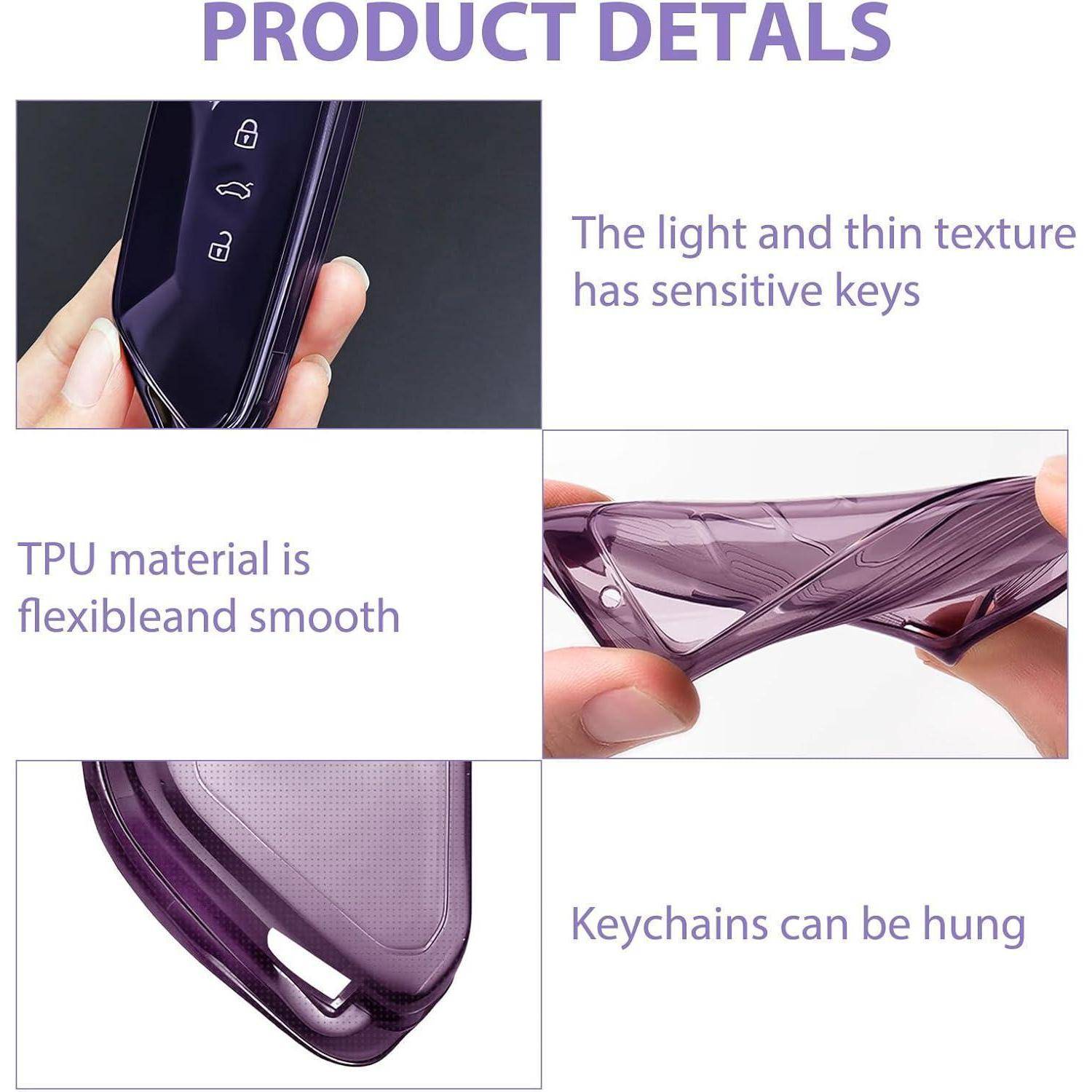Produktdetails für eine violette TPU-Schlüsselhülle: schlank, flexibel, glattes Material mit empfindlichen Tasten und einem Schlüsselanhängerloch.