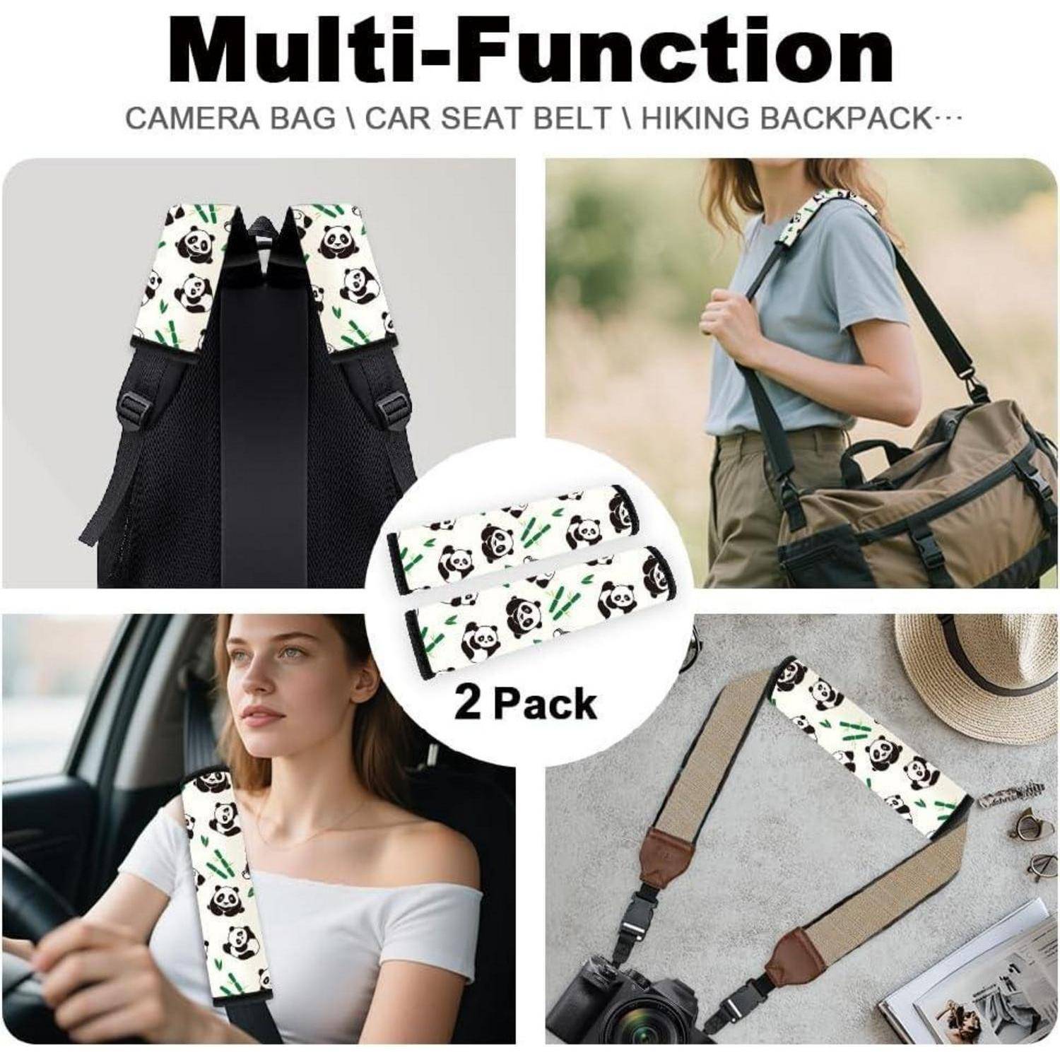 Werbecollage eines Polster-Riemen-Sets mit Panda-Muster mit der Bezeichnung „Multi-Funktion