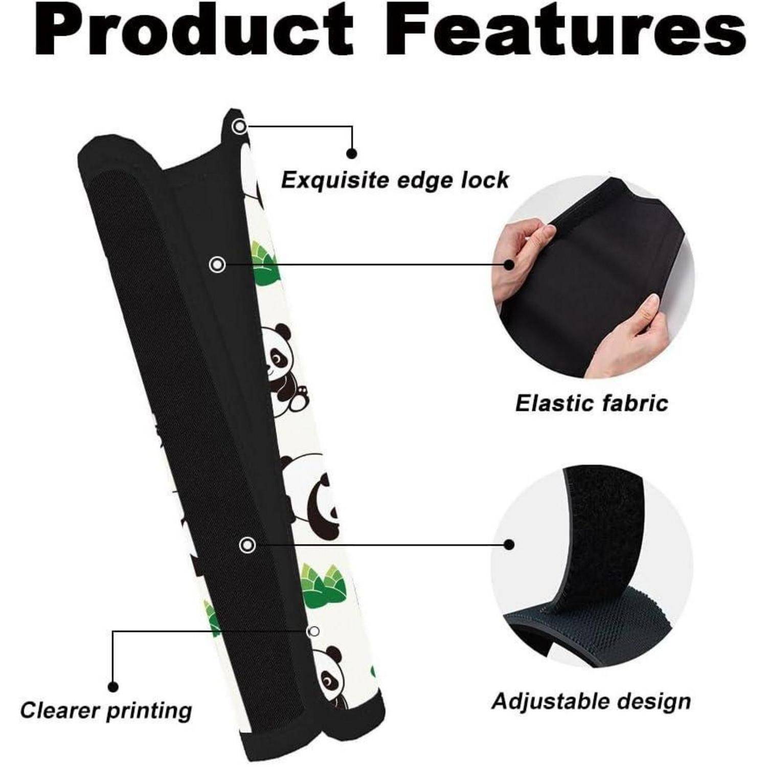 Produktmerkmale Grafik mit einer gedruckten Stoffhülle mit Beschriftungen: 'Exquisite Kantenfixierung,' 'Elastischer Stoff,' 'Klareres Drucken,' und 'Verstellbares Design.