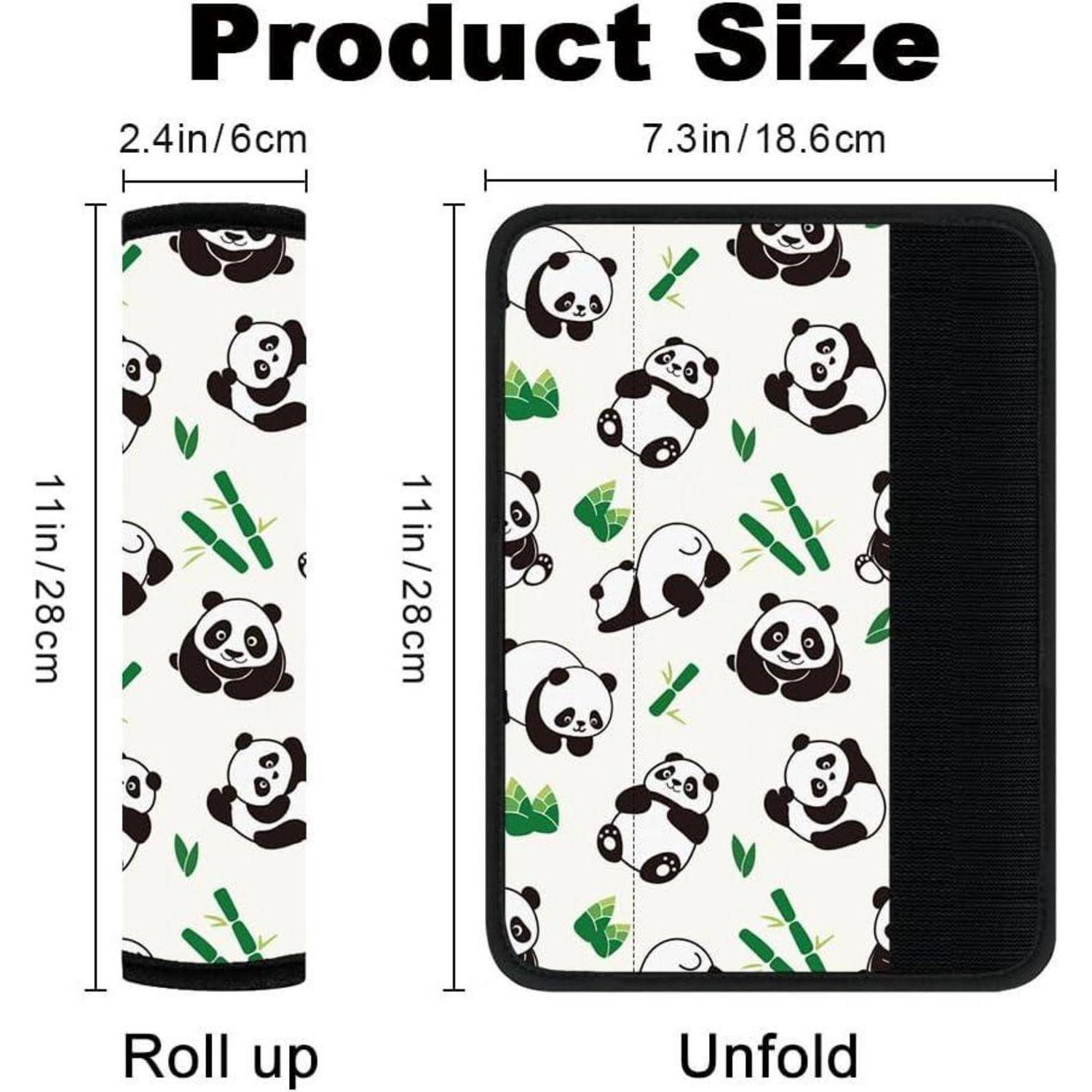 Größentabelle für eine Panda-gemusterte Aufrollbare Tasche: Aufgerollte Größe 2,4 Zoll x 11 Zoll, Aufgeklappte Größe 7,3 Zoll x 11 Zoll.