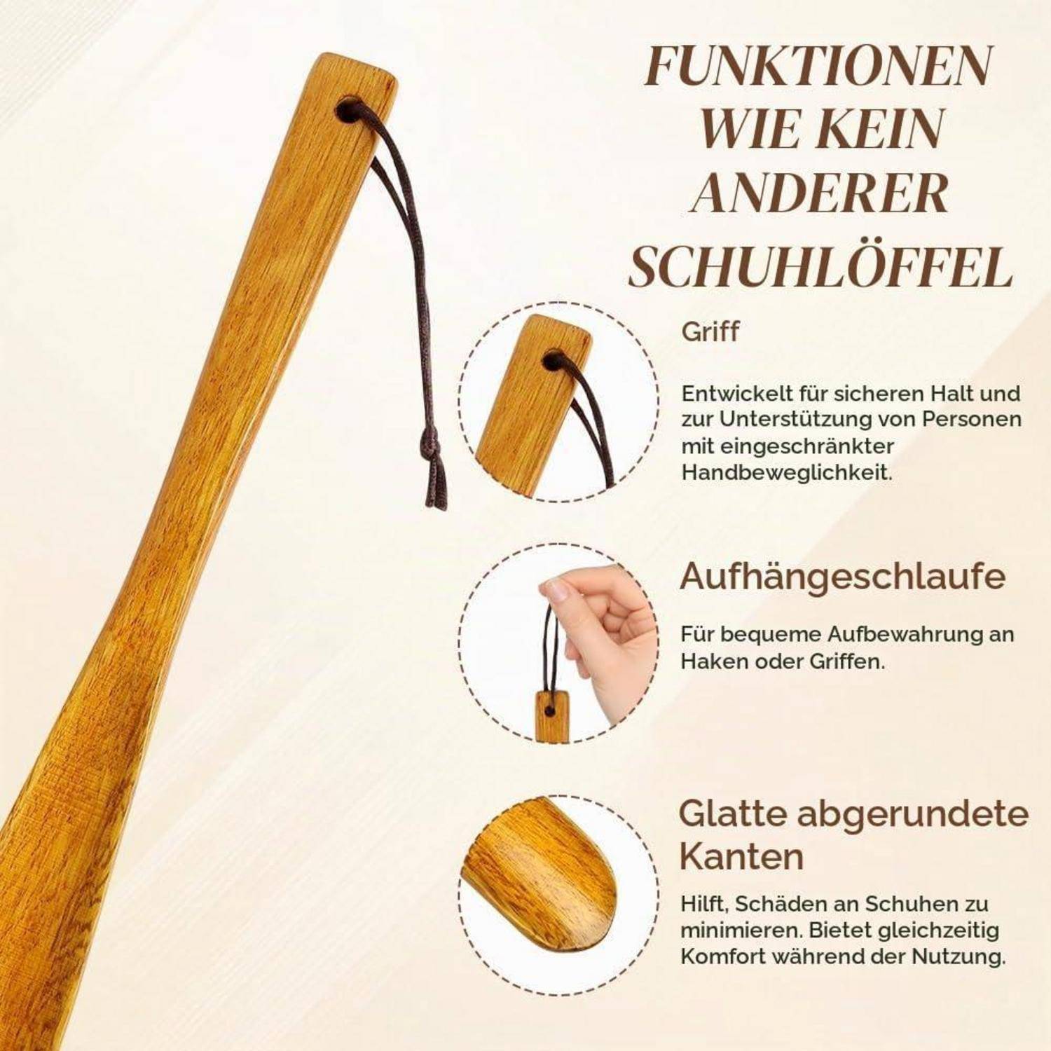 Schuhlöffel Holz 32cm mit Aufhänger-Seil