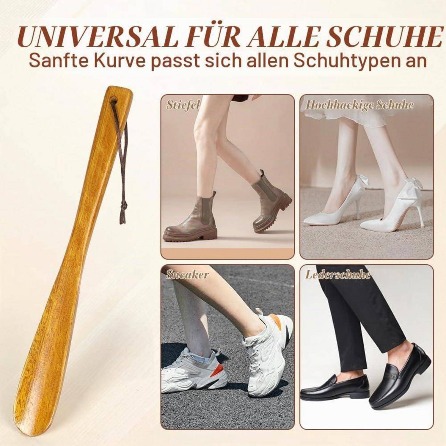 Werbegrafik, die einen gebogenen Schuhlöffel und vier Schuhstile zeigt und veranschaulicht, dass die sanfte Kurve zu Stiefeln, hochhackigen Schuhen, Sneakern und Loafern passt.
