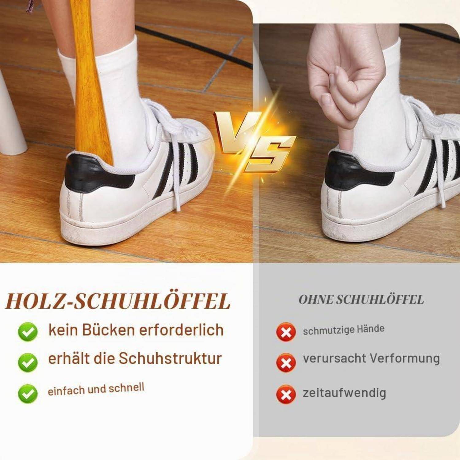 Vergleichsgrafik zum Anziehen eines Schuhs mit einem langen Schuhlöffel gegenüber ohne einen; der Text sagt „HOLZ-SCHUHLÖFFEL