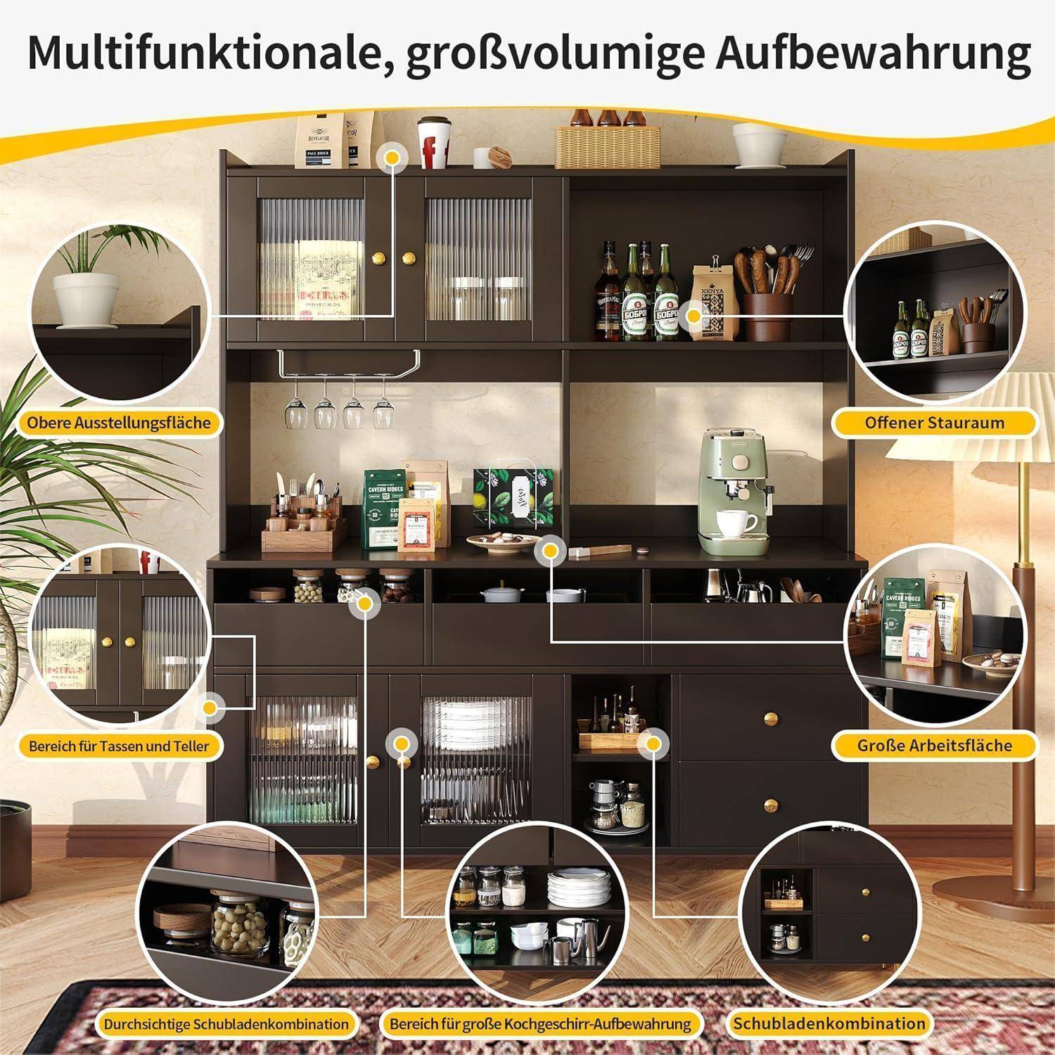 Beschrifteter Küchenschrank mit multifunktionaler, großvolumiger Organización: Ausstellungsregale, offene Lagerflächen, Bereich für Tassen und Teller, Arbeitsfläche und Schubladenkombinationen.