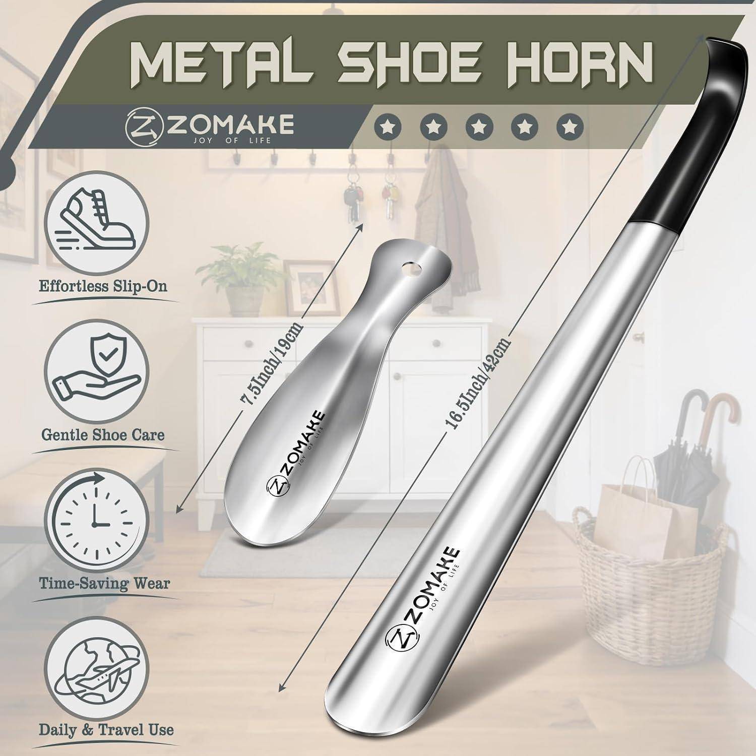 Produktanzeige für ZOMAKE Metallschuhlöffel, zeigt zwei silberne Schuhlöffel mit Längen von 7,5 Zoll und 16,5 Zoll, sowie Symbole für Schlupfschuh-Verwendung, sanfte Pflege, zeitsparendes Anziehen und tägliche Reisenutzung.