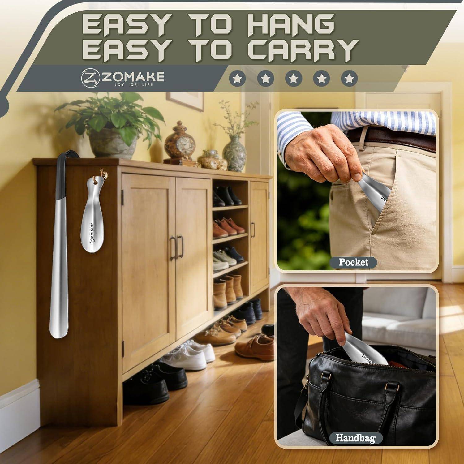 Werbebild eines an der Wand montierten Schuhrankschranks mit einem hängenden weißen Gerät; Einsatzfotos zeigen, wie es in eine Hosentasche und eine Handtasche passt.