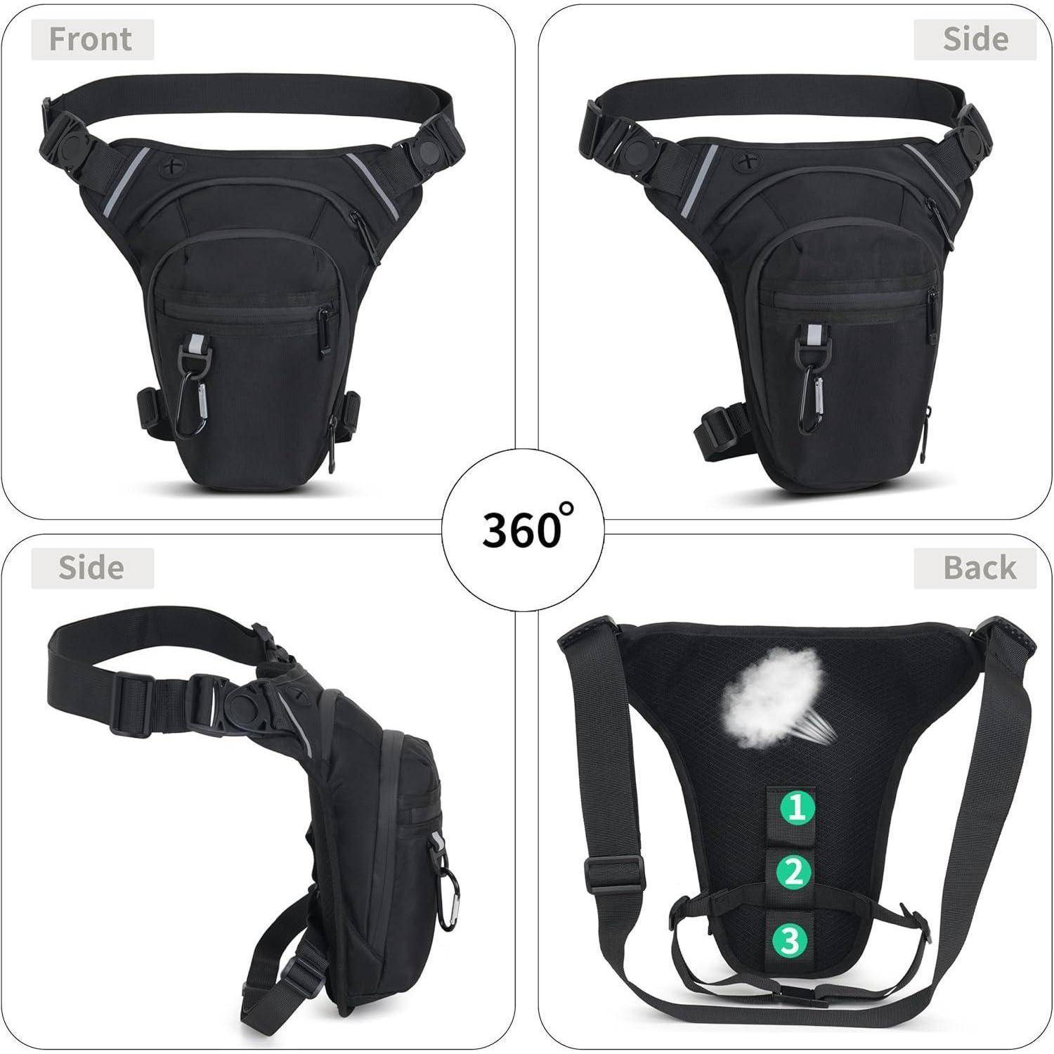 360-Grad-Produktansichten einer schwarzen Bein- und Taillenschutztasche, gezeigt von vorne, von der Seite und von hinten, mit verstellbaren Riemen und Taschen.
