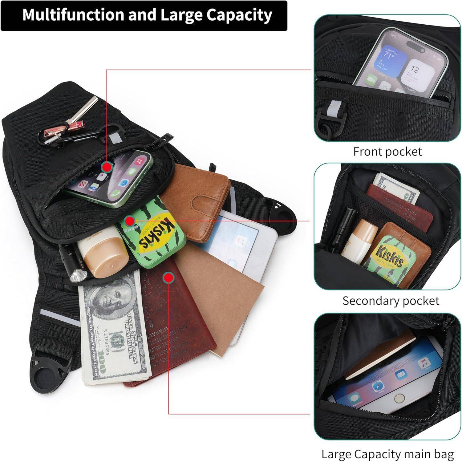 Infografik eines schwarzen Multifunktionsrucksacks mit Vordertasche, Nebentasche und großem Hauptfach, das ein Telefon, Geldbörse, Bargeld und kleine Gegenstände aufbewahrt.