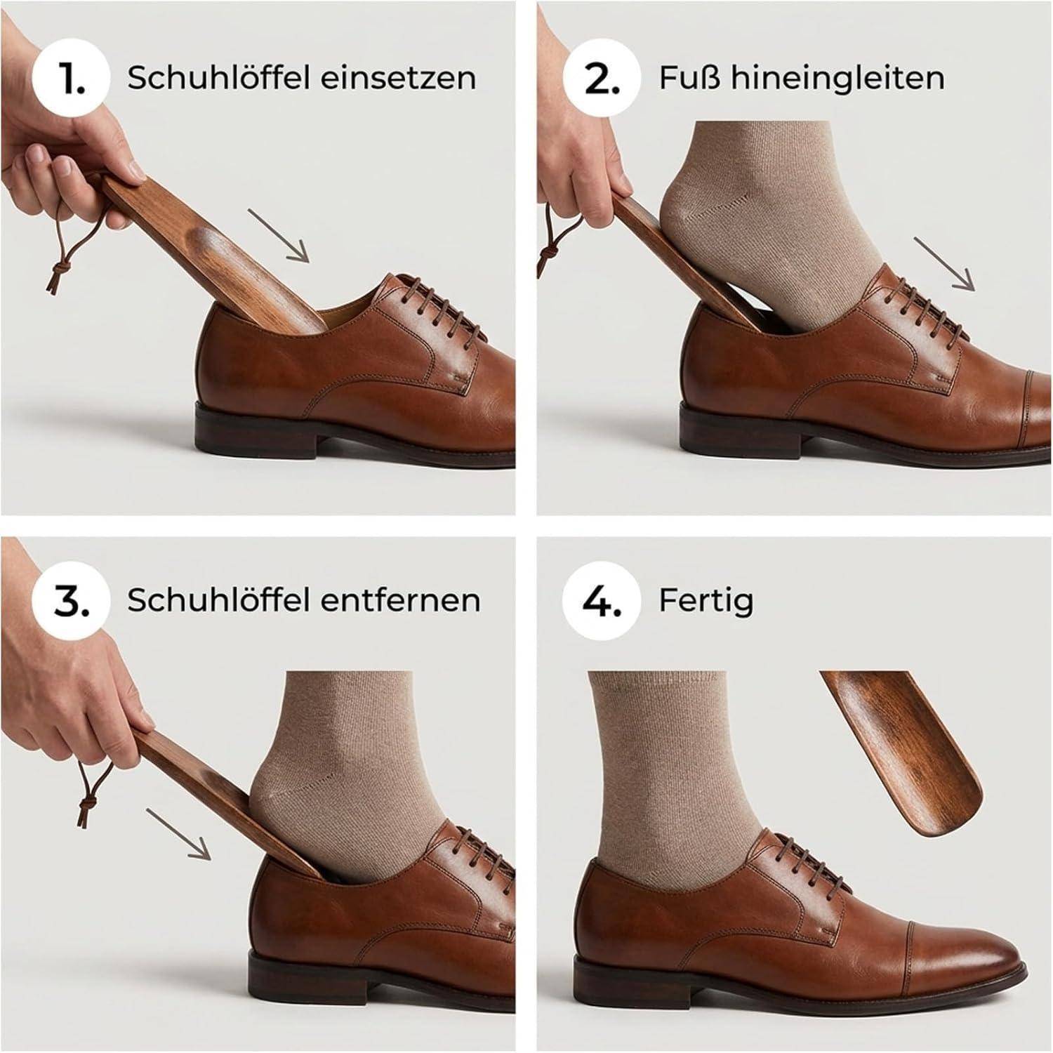 Vierschritt-Schuhanzieher-Anleitung: Schuhanzieher einführen, Fuß in braunen Schuh gleiten lassen, Schuhanzieher entfernen, fertig.