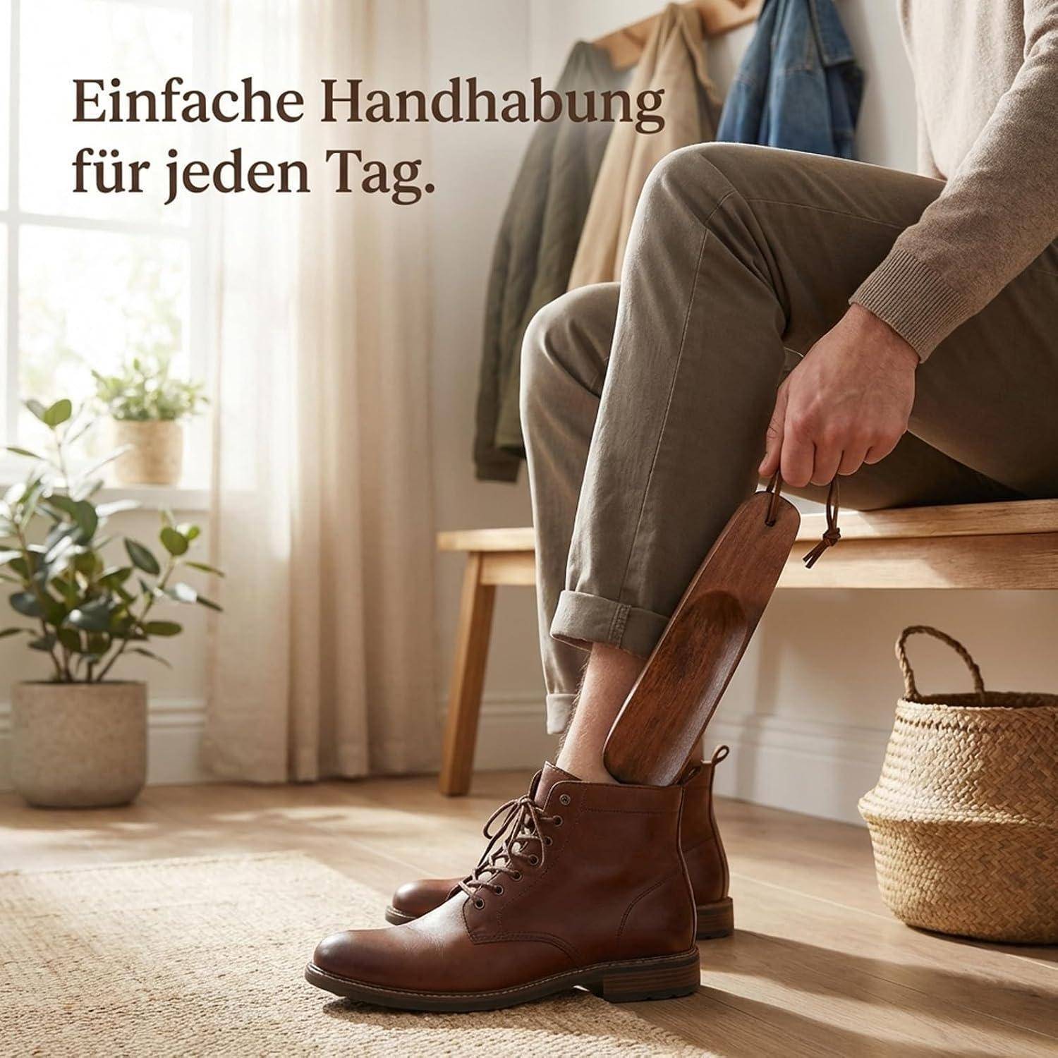 Person, die einen Holzschuhlöffel verwendet, um braune Stiefel anzuziehen, mit dem Text „Einfache Handhabung für jeden Tag.