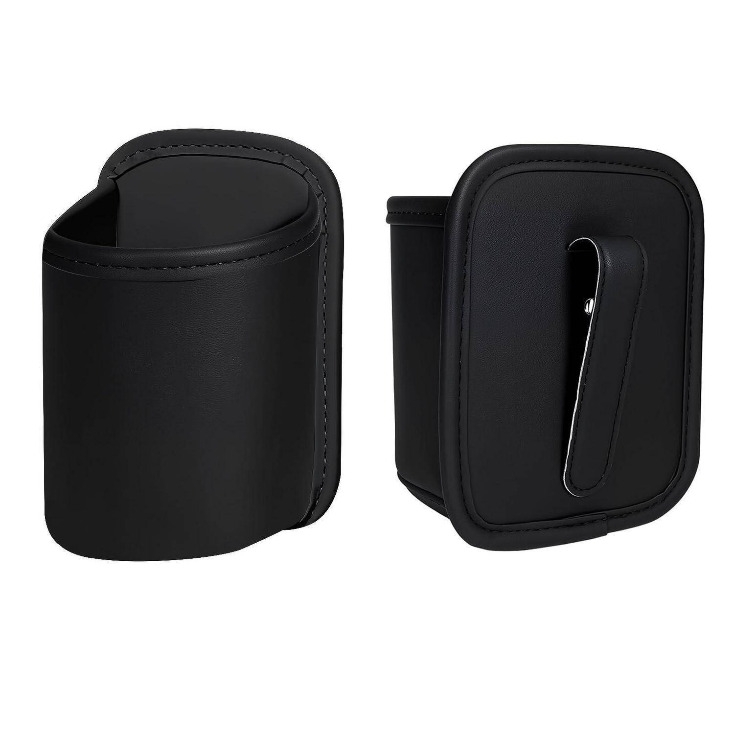 Schwarze, lederähnliche Handytasche mit Gürtelschlaufe, von vorne und hinten gezeigt, mit Gürtelclip auf der Rückseite zum Tragen eines Mobilgeräts.