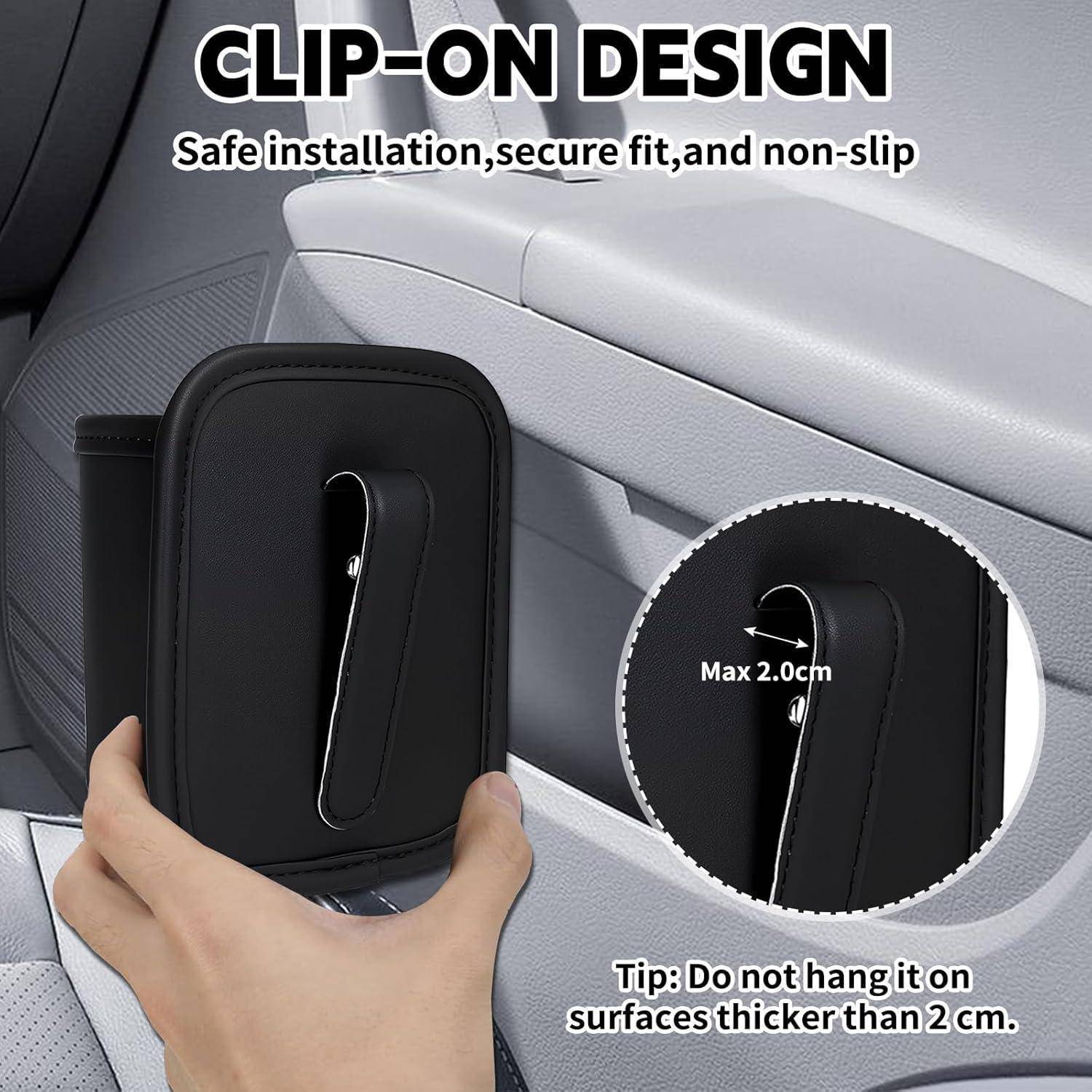 Zum Autositz befestigter Clip-On-Sitzorganizer; der Text besagt „CLIP-ON-DESIGN