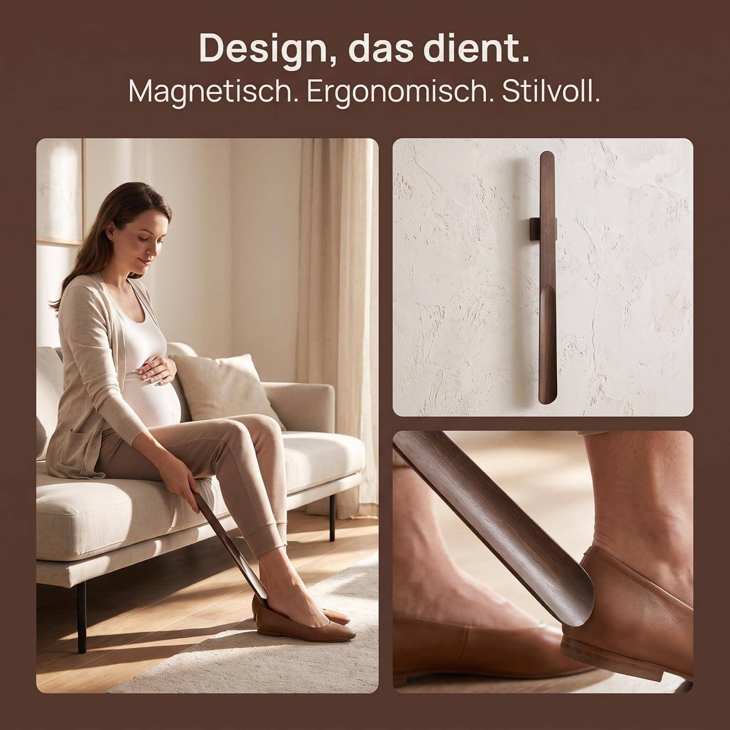 Schuhlöffel Holz mit Magnet, langer Griff, für Senioren und Schwangere