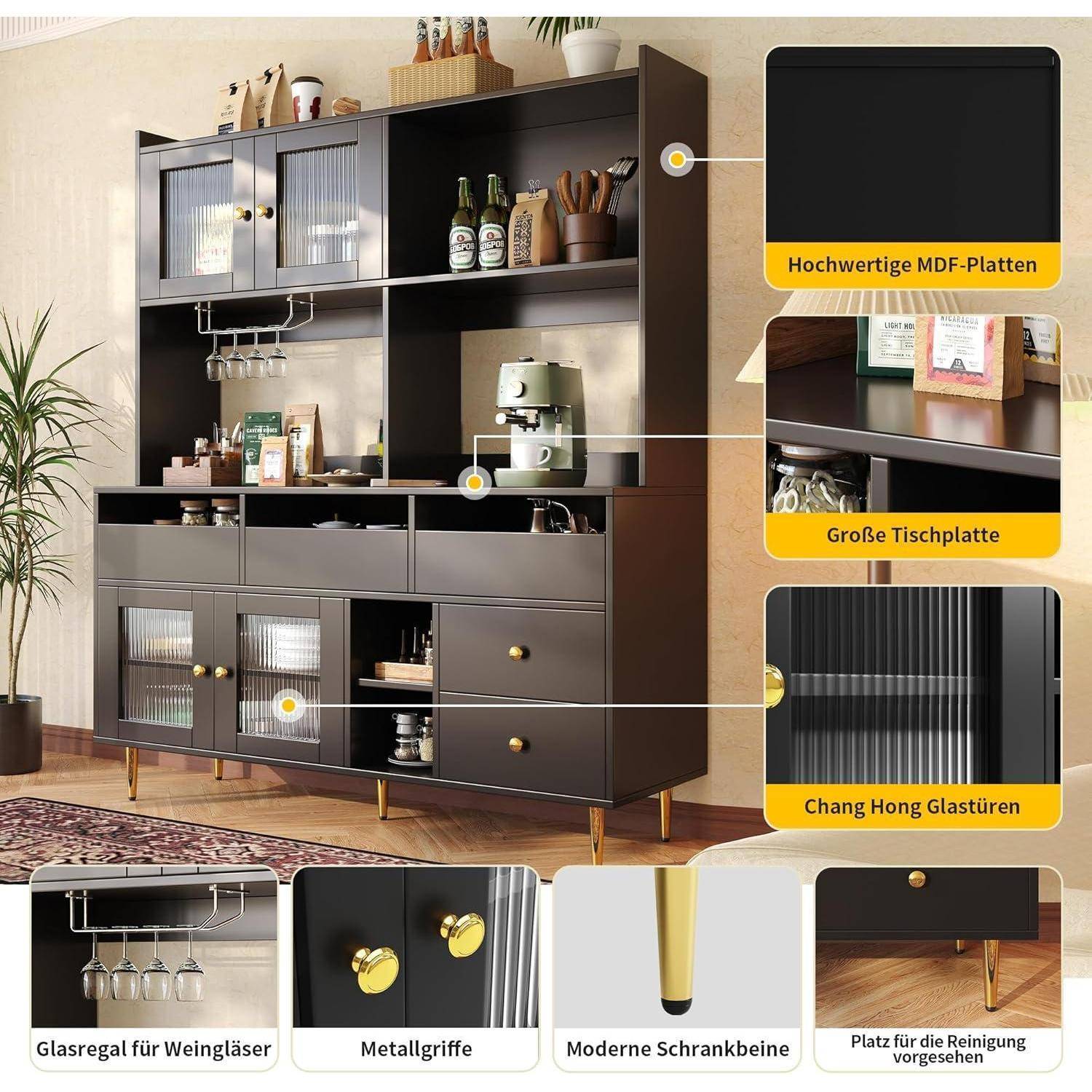 Moderner dunkelbraunes Küchenschrank mit Glastüren, Weinglaserhalter und Schubladen, gezeigt mit Beschriftungen, die MDF-Paneele, große Tischplatte, Glastüren, Metallgriffe und moderne Beine hervorheben.