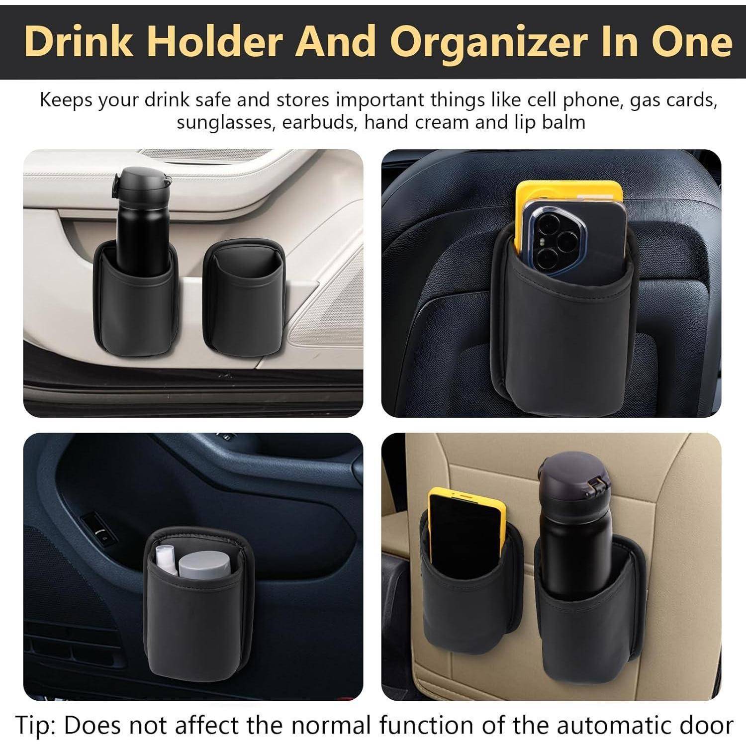 Werbegraﬁk für eine Auto-Sitz-Getränkehalter-Organizer, die einen Dual-Pocket-Halter zeigt, der ein Getränk, Telefon und kleine Gegenstände in verschiedenen Auto-Innenräumen lagert.