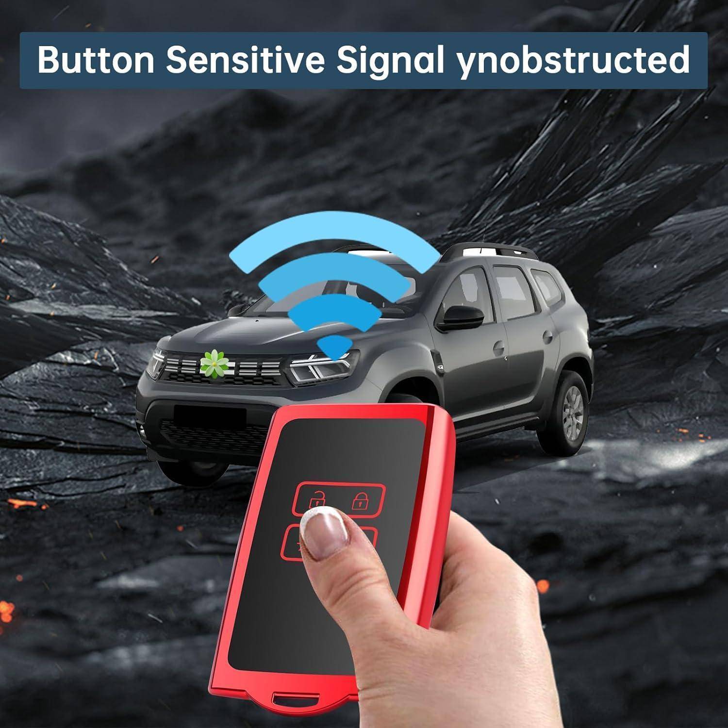 Illustration eines Smartphones im Stil einer Fernbedienung, das zum Steuern eines grauen SUV angetippt wird, mit einem Wi-Fi-Signalsymbol, das auf Touch-sensitive Fernbedienungszugriff hinweist.
