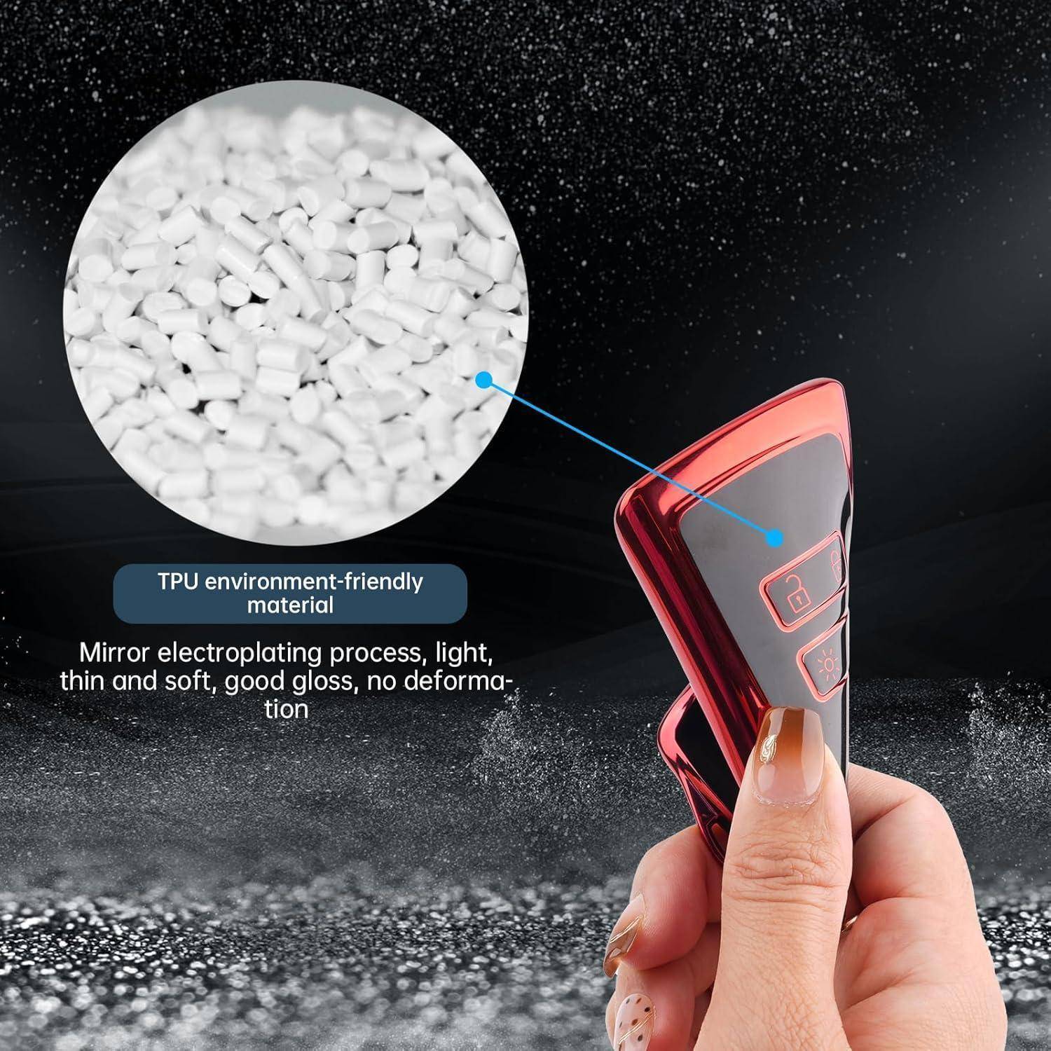 Nahaufnahme einer Hand, die eine rote transparente Handyhülle hält, mit einer vergrößerten Einfügung, die weiße TPU-Pellets und Text zeigt, der 