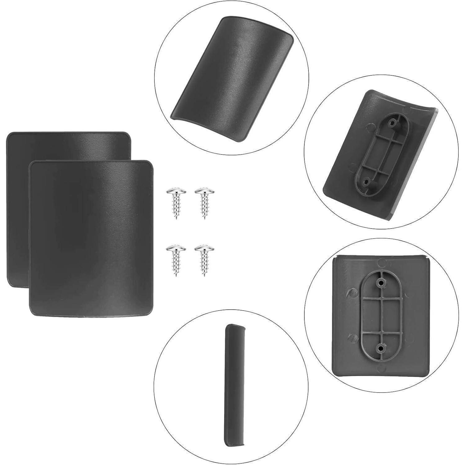 Schwarze rechteckige Kunststoff-Abdeckungsteile für Hardware mit Montagerücken, vier Schrauben und ein zylindrischer Anschluss, dargestellt in separaten Detailansichten.