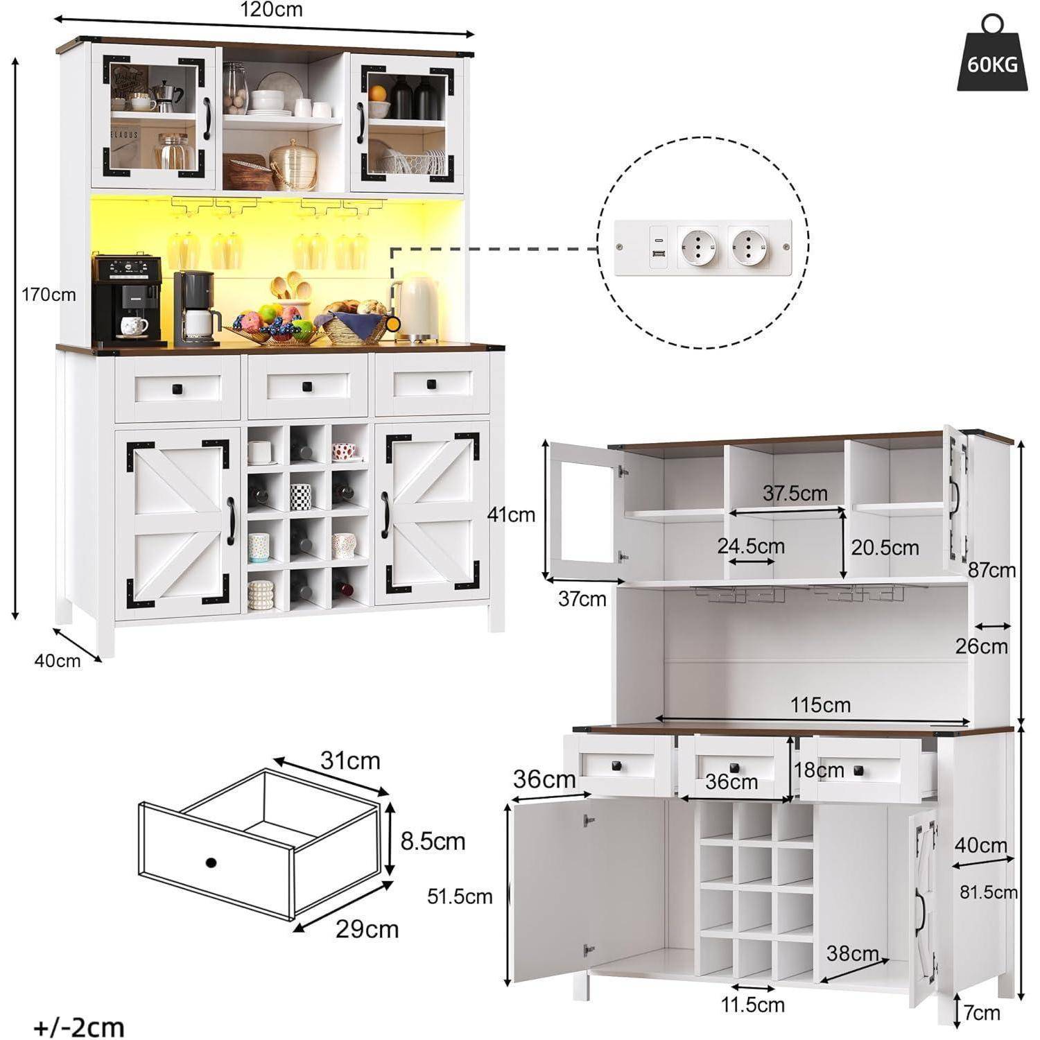 Beschriftetes Küchenschrank-Dimensionsdiagramm, das eine weiße Speichereinheit mit Lichtern, Steckdose, Schublade und Regalmessungen zeigt.