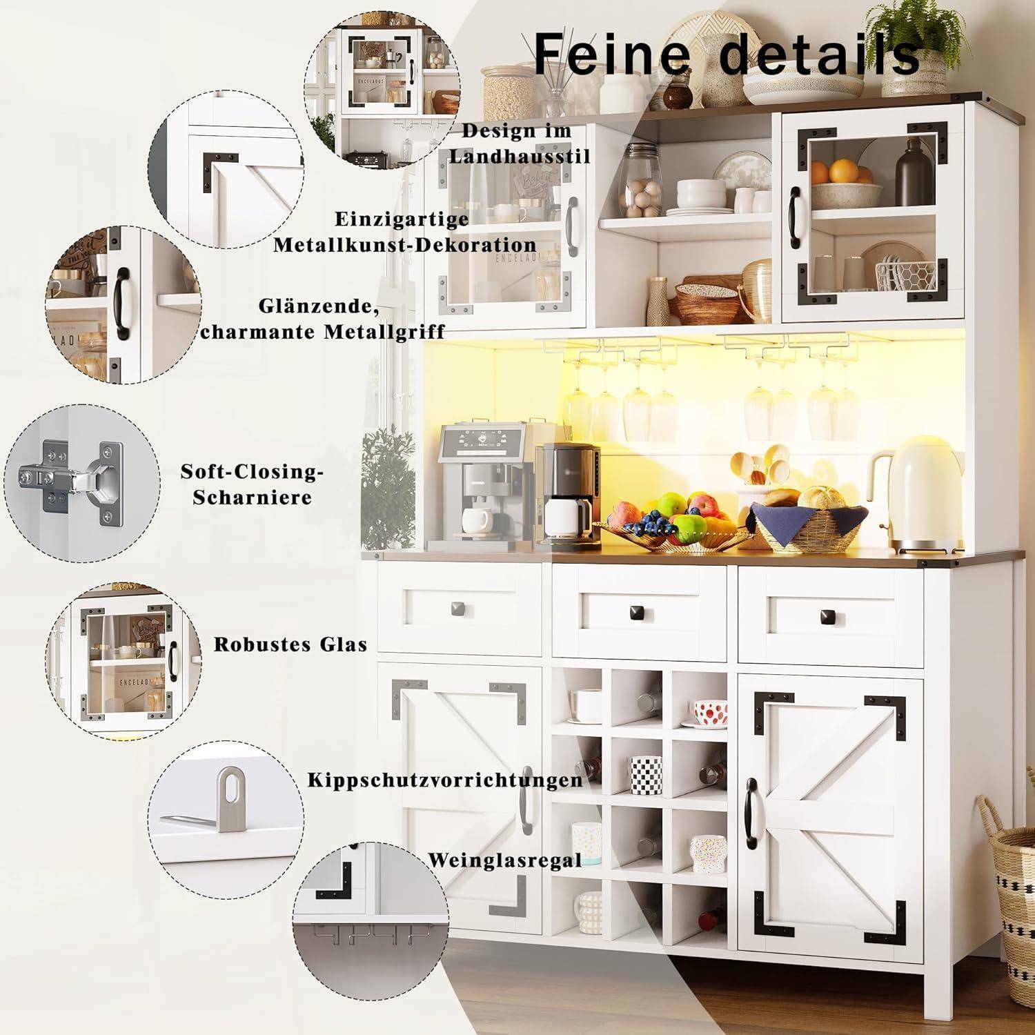 Werbebild eines weiß gefertigten Landhaus-Stil-Küchenschranks mit Glastüren und Schubladen, beschriftet in deutscher Sprache mit Funktionen wie sanft schließenden Scharnieren, Metallgriffen, robustem Glas und Weinregal.