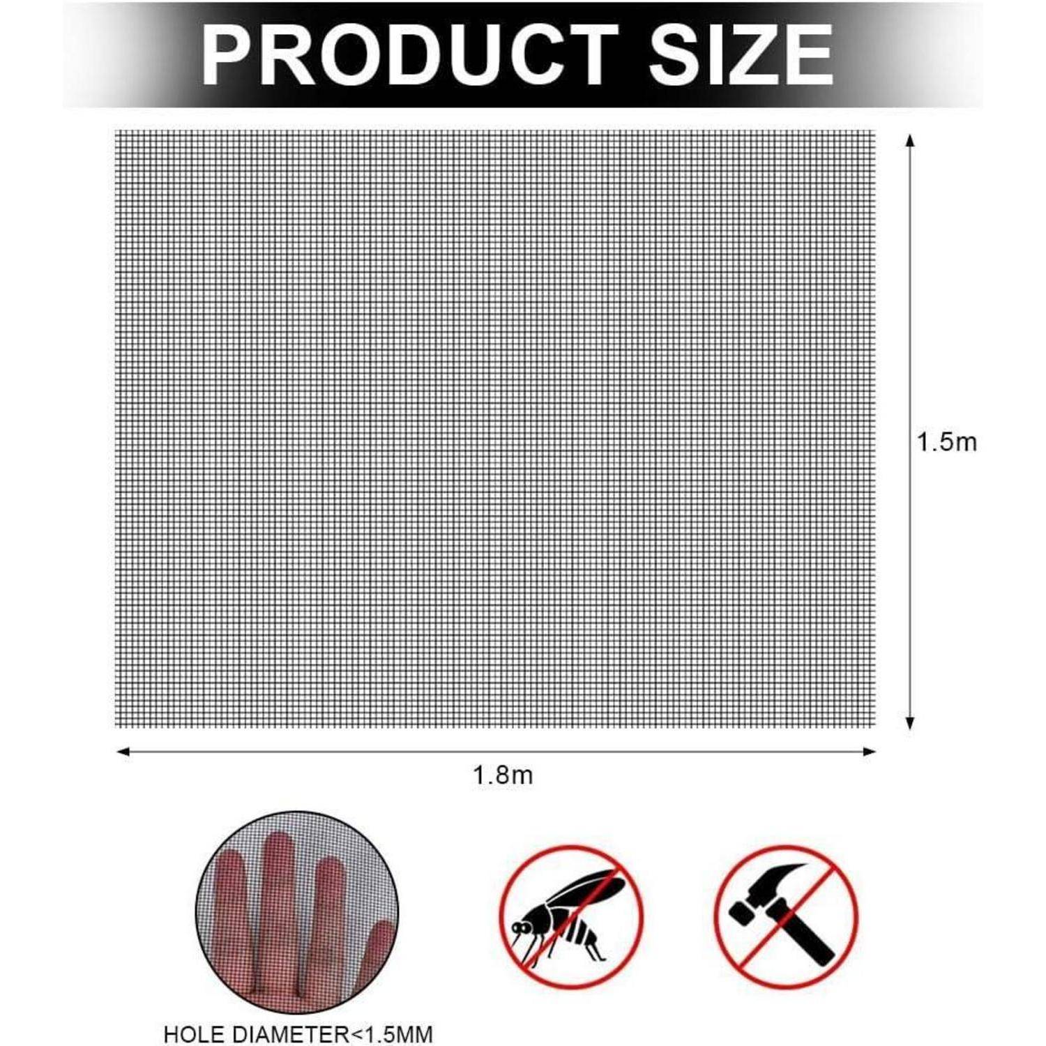 Produktgrößendiagramm mit einem 1,8 m × 1,5 m Feingitterbildschirm mit Lochdurchmesser unter 1,5 mm sowie Symbolen für 