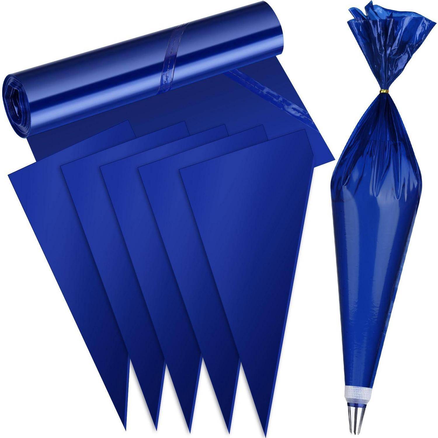 Blaue Einweg-Spritzbeutel, dargestellt als eine Rolle von Blättern und ein gefüllter verschlossener Beutel mit einer Metallspitze zum Verzieren von Kuchen.