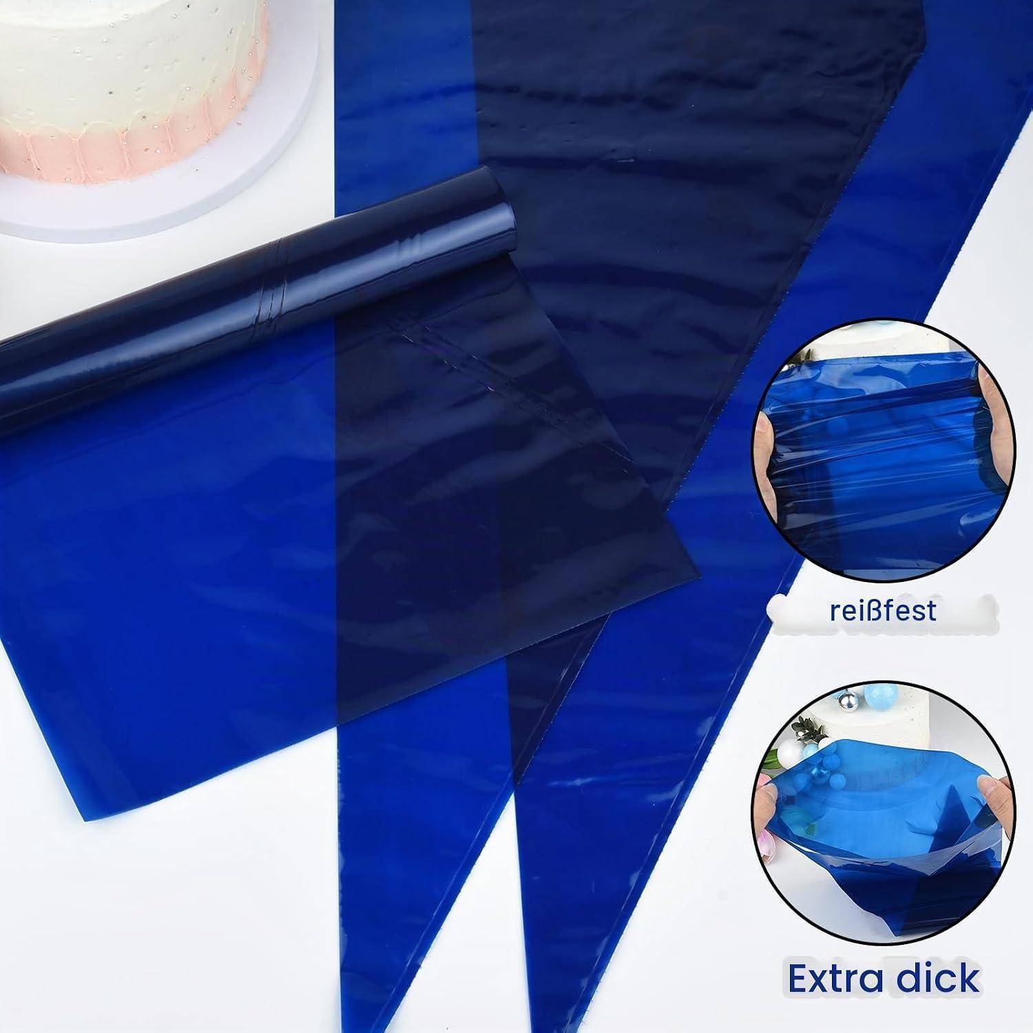 Blaue Kunststofffolien und Beutel mit vergrößerten Ausschnitten, die die Dehnungsbeständigkeit und das extra dicke Material hervorheben.